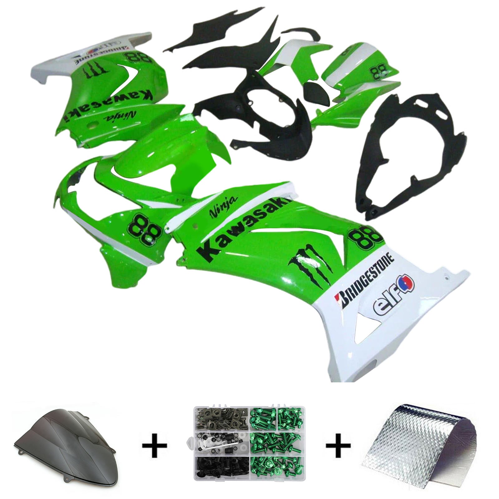 Amotopart 2008-2012 Kawasaki EX250 Ninja250R Kit de carenado verde, blanco y negro