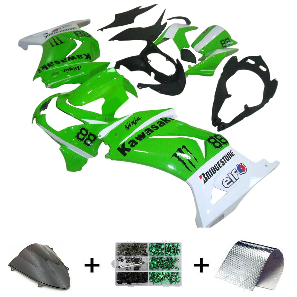 Amotopart 2008-2012 Kawasaki EX250 Ninja250R Kit de carénage vert blanc et noir