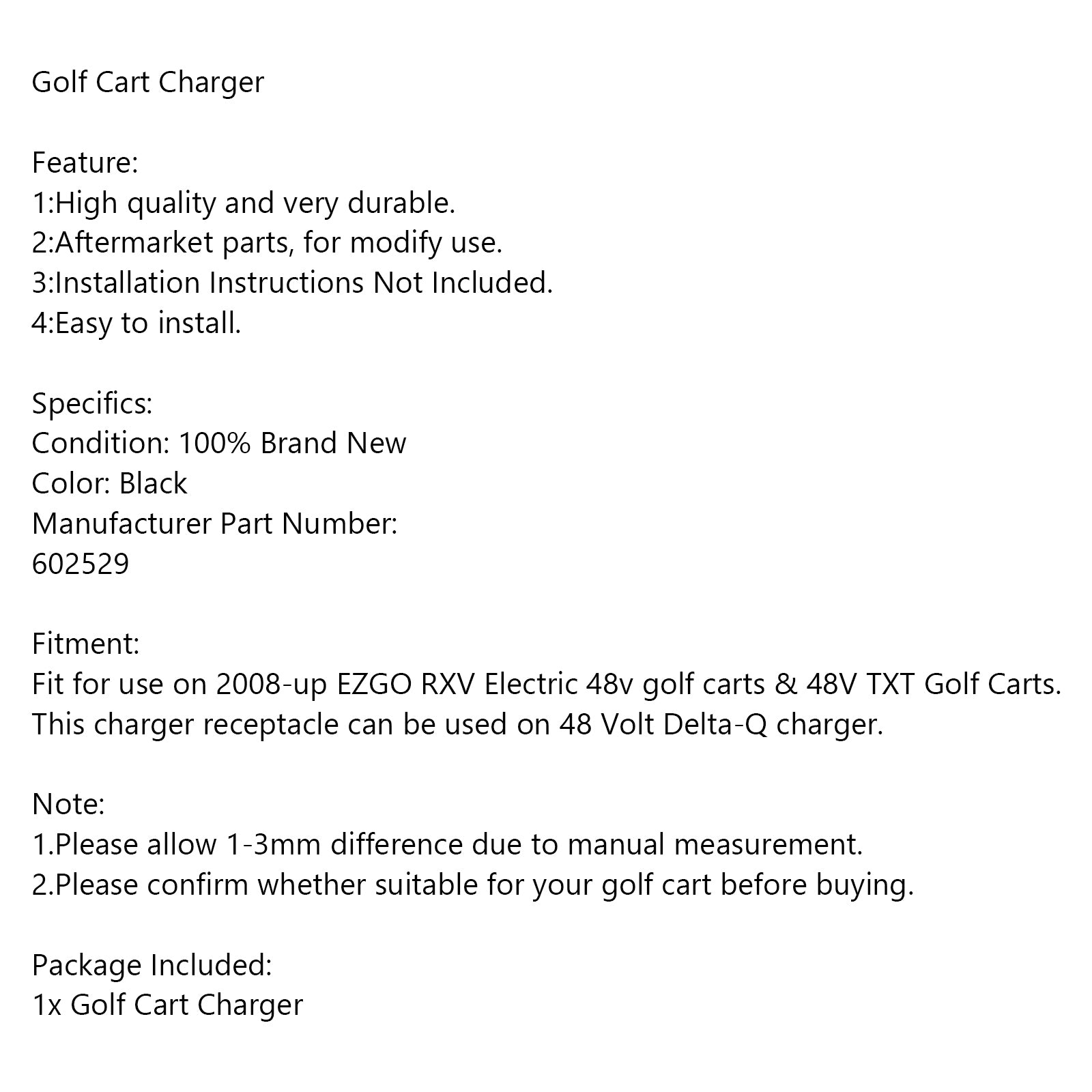 48V Delta-Q Charger Receptacle For EZGO RXV/TXT Golf Carts 2008-up OEM 602529