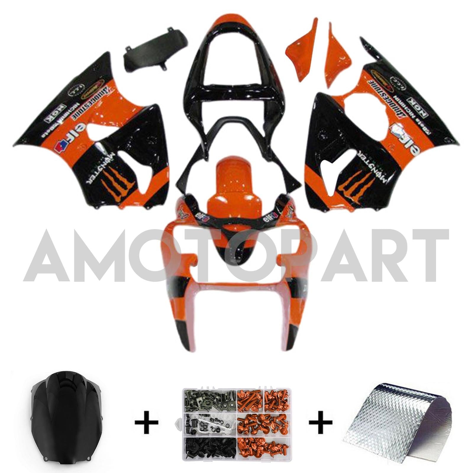 Amotopart 2000-2002 Kawasaki ZX6R 636 & 2005-2008 Kawasaki ZZR600 Orange Black Fairing Kit