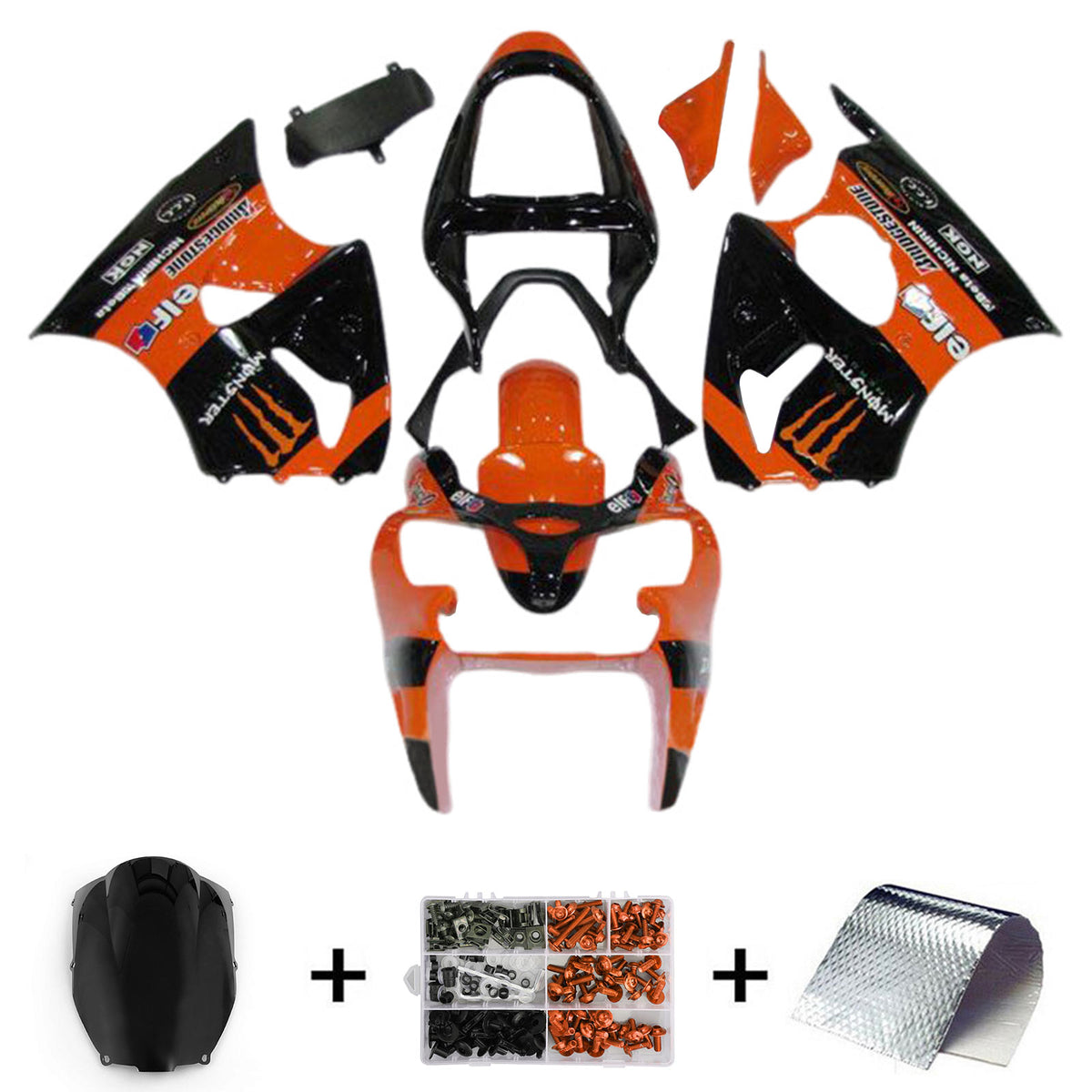 Amotopart 2000-2002 Kawasaki ZX6R 636 & 2005-2008 Kawasaki ZZR600 Orange Black Fairing Kit