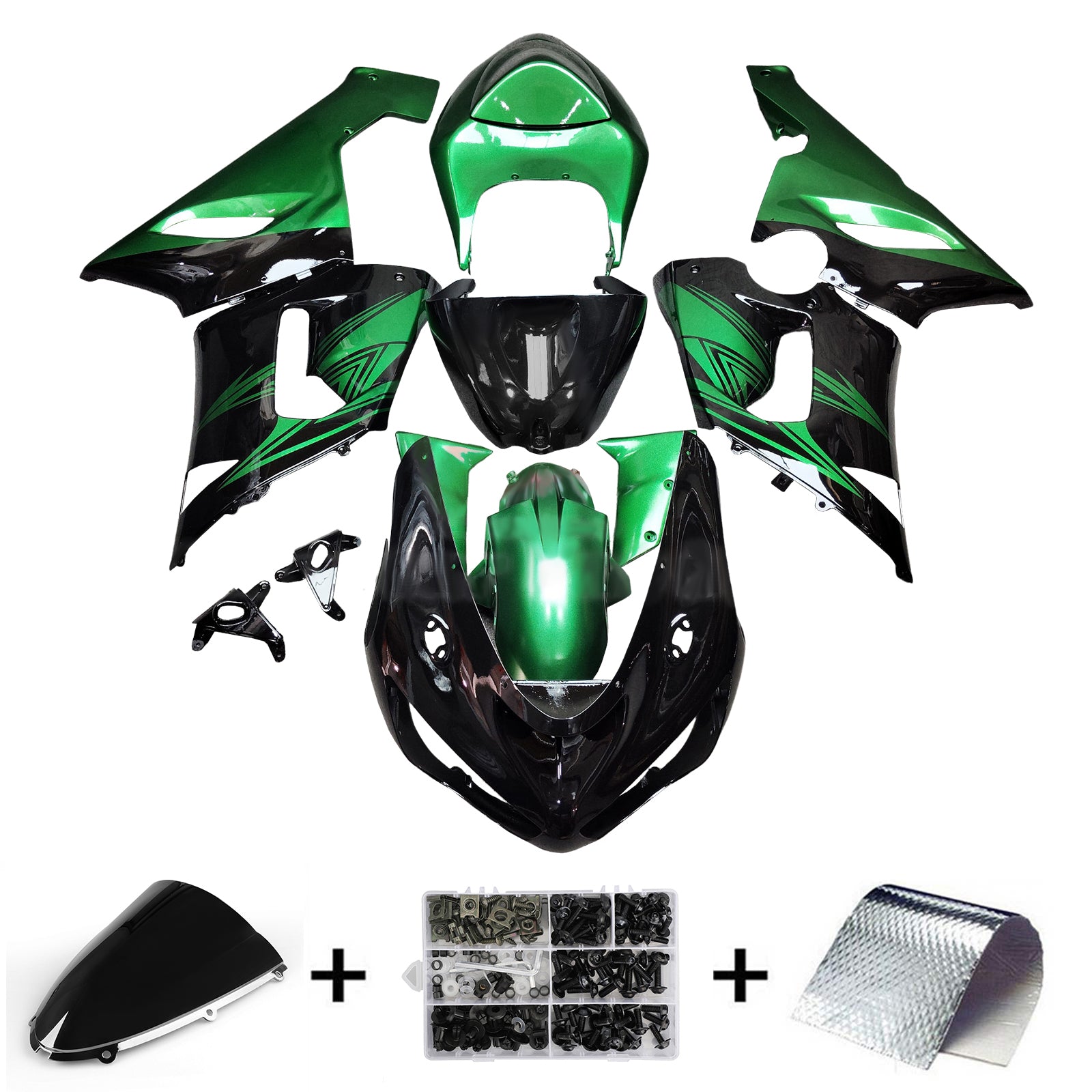 Amotopart 2005-2006 Kawasaki ZX6R 636 Glänzende schwarze Grünverkleidung Kit