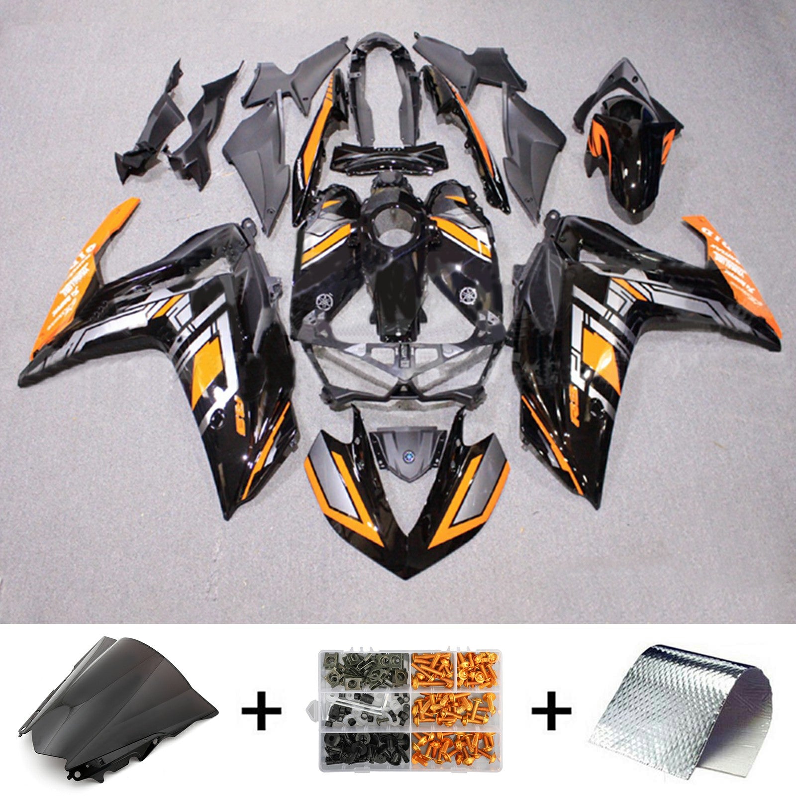 Kit de carénage Amotopart YZF-R3 2014-2018 R25 2015-2017 Yamaha noir et orange