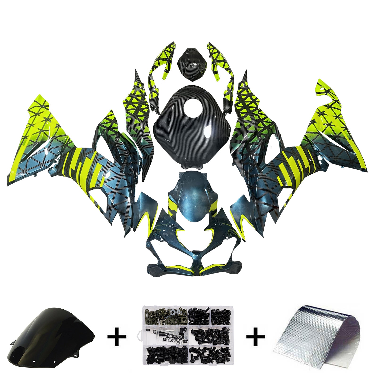 Amotopart 2019-2023 Kawasaki ZX6R Yellow Carbon Fiber Pattern Fairing Kit