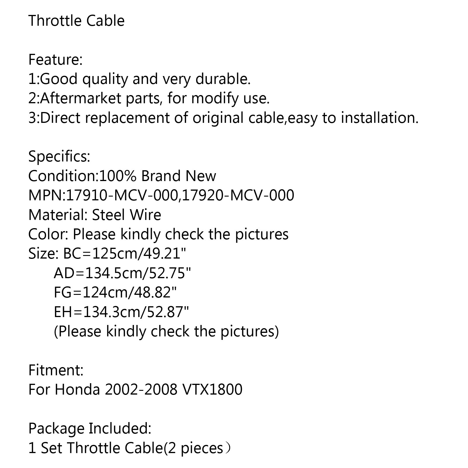 Motorcycle Throttle Cable For Honda 2002-08 VTX1800 17910-MCV-000 17920-MCV-000