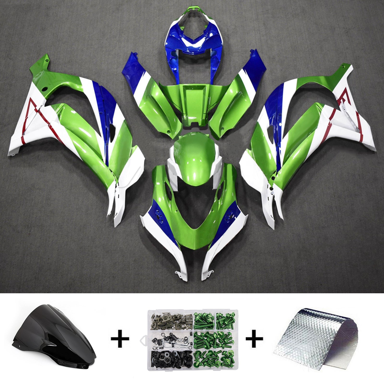 Amotopart 2016-2020 Kawasaki ZX10R Green Blue White Fairing Kit