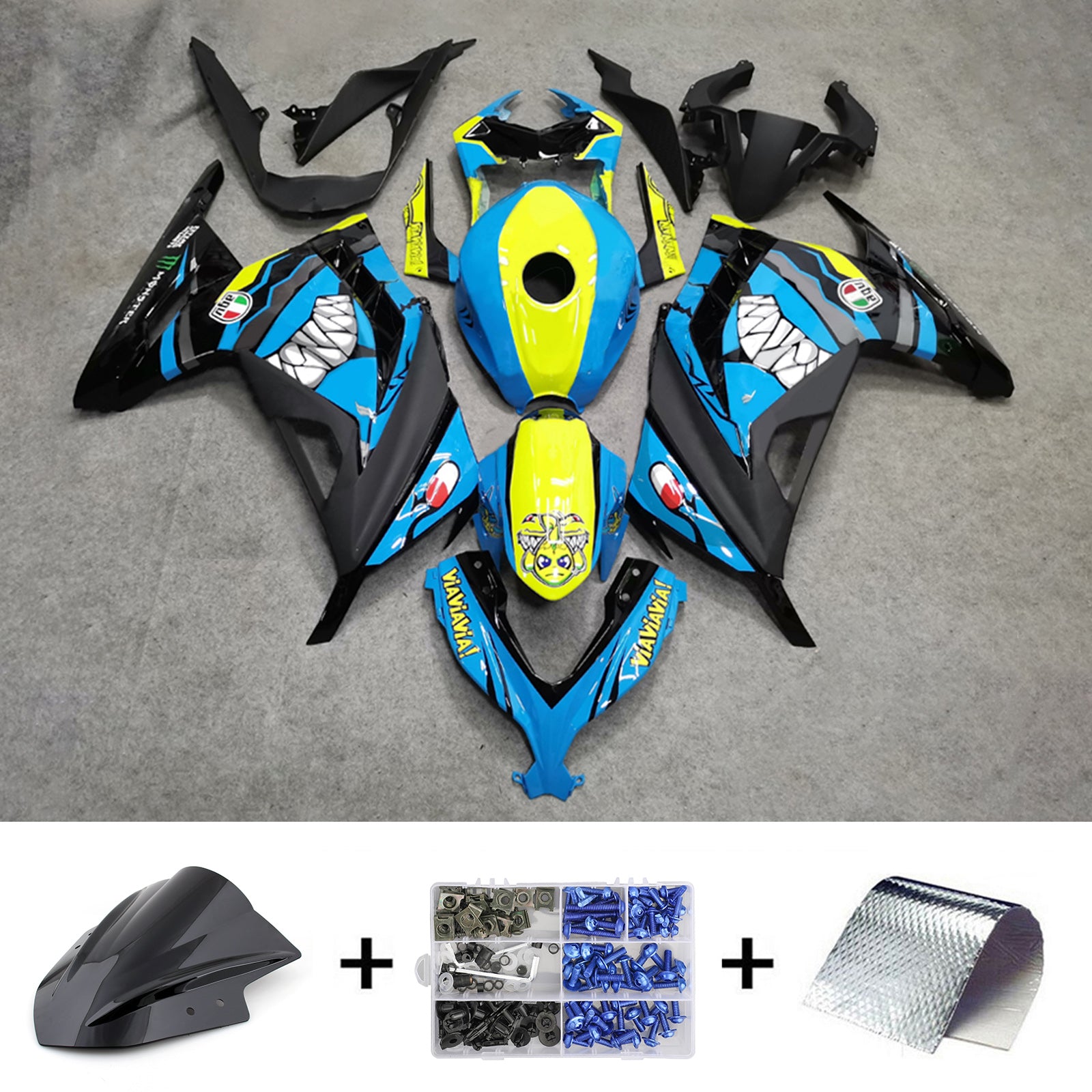 Amotopart 2013-2024 Kawasaki EX300/Ninja 300 Shark Teeth Kit de carenado azul amarillo