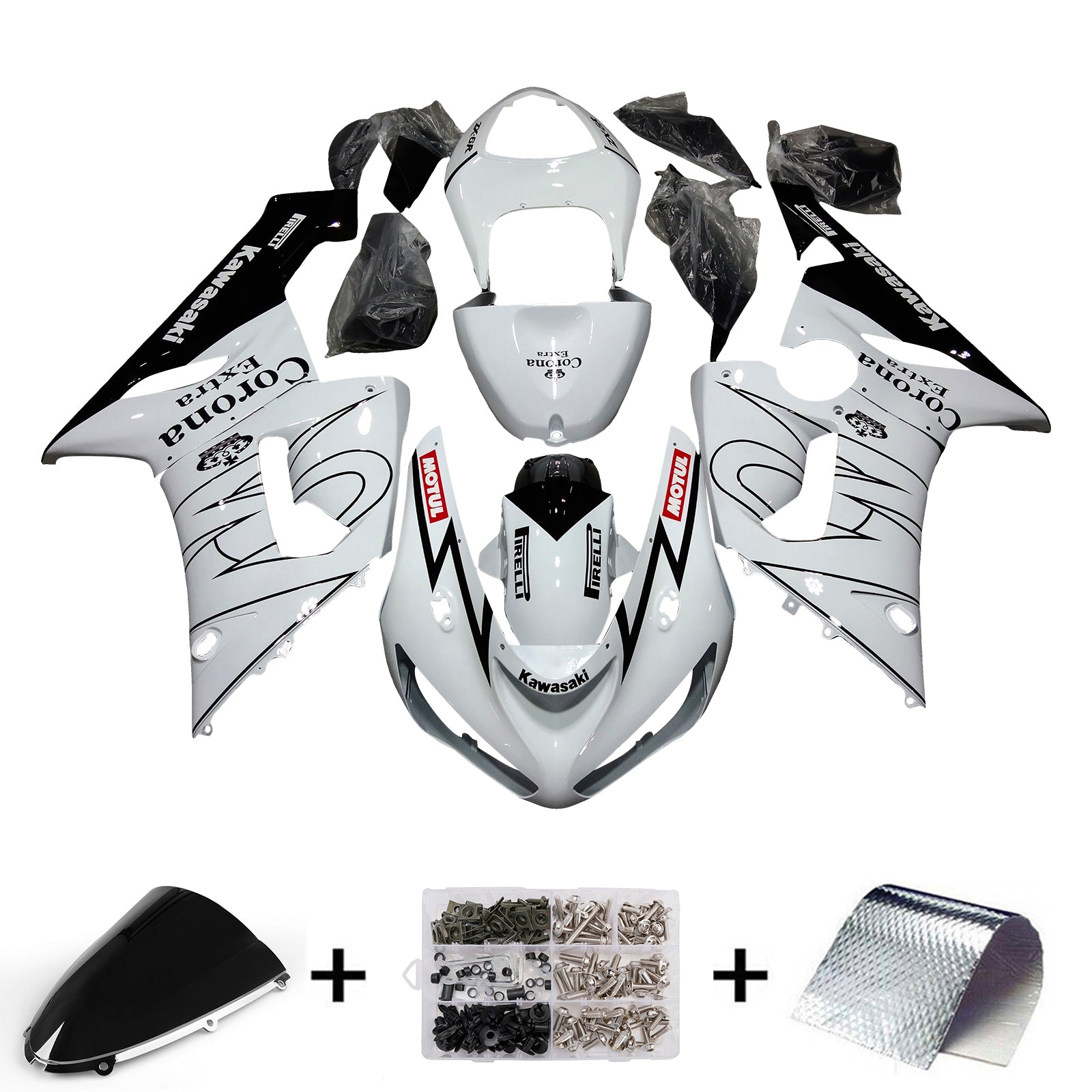 Amotopart 2005-2006 Kawasaki ZX6R 636 White Black Fairing Kit