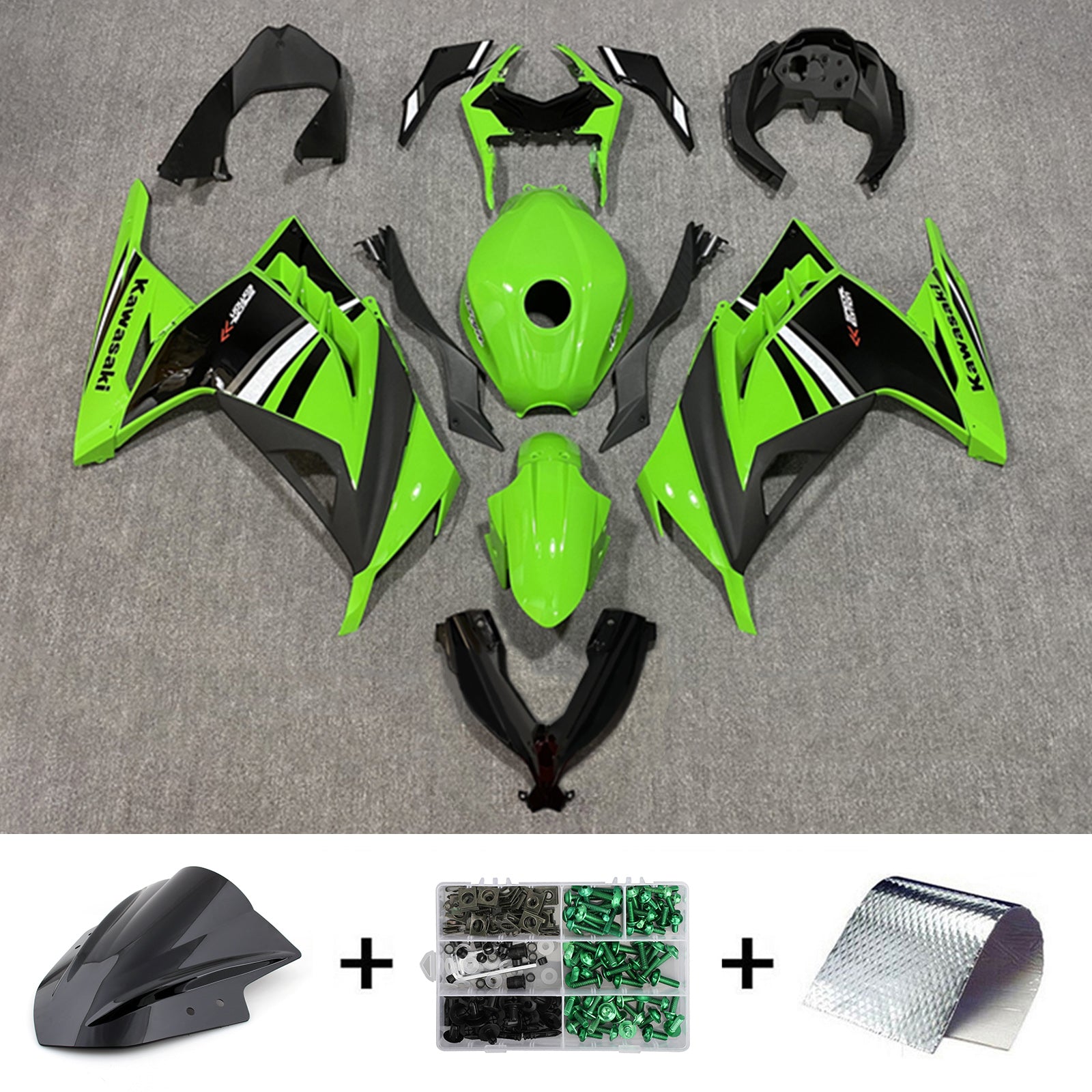 Amotopart 2013-2024 Kawasaki EX300/Ninja 300 ブラック & グリーン スタイル フェアリングキット