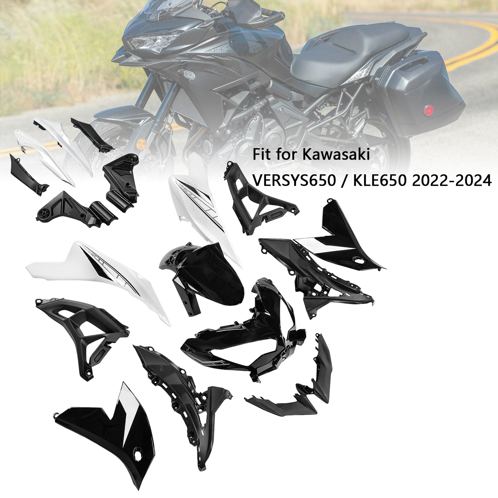 Amotopart 2022-2024 Kawasaki VERSYS 650 KLE ABS Schwarz-Weiß Verkleidungssatz