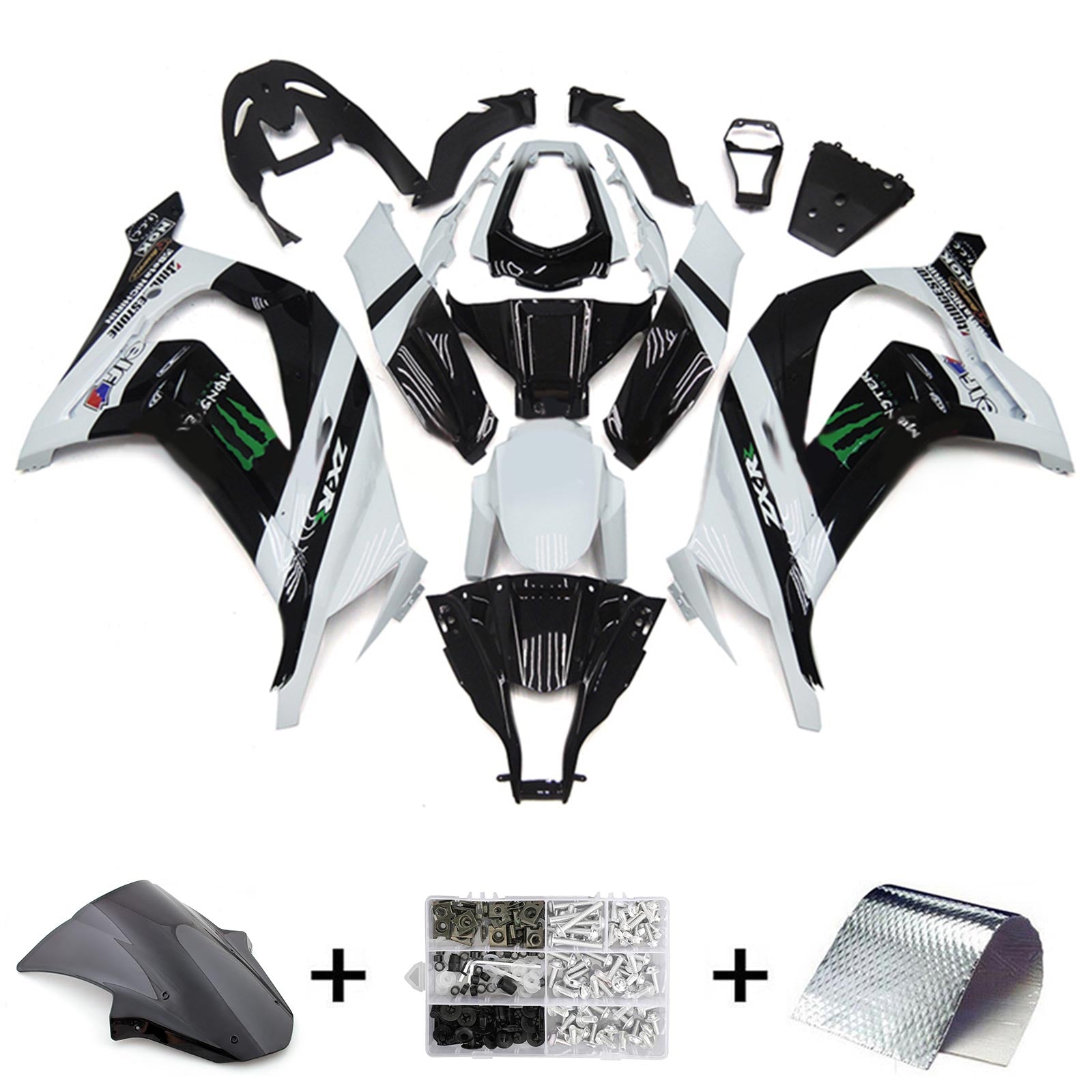 Amotopart 2011-2015 Kawasaki ZX10R White&Black with Monster Logo Style3 Fairing Kit