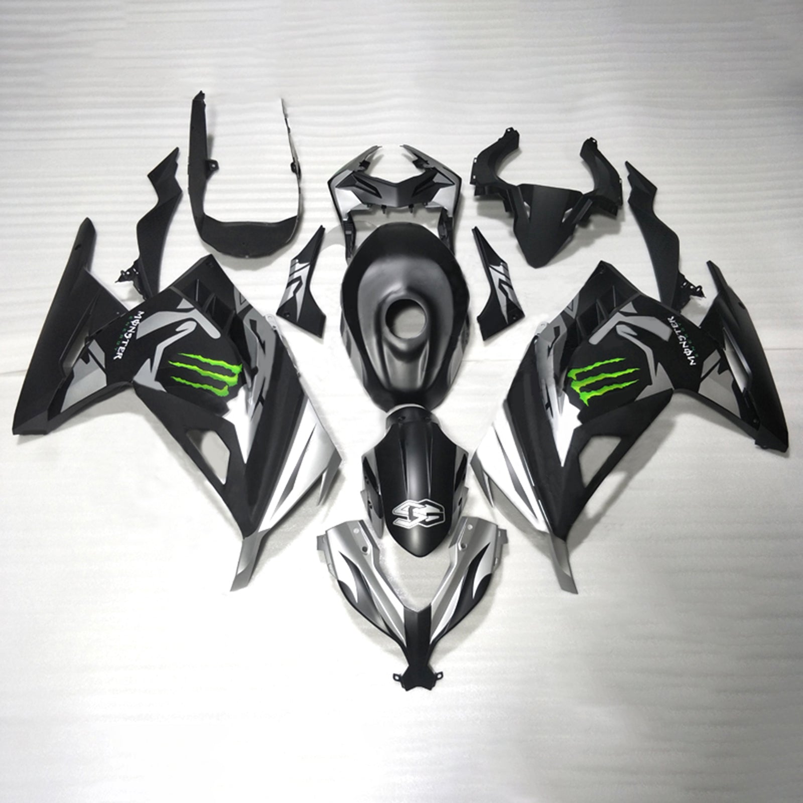 Amotopart 2013-2024 Kawasaki EX300/Ninja300 Black with Green Monster Logo Style2 Fairing Kit