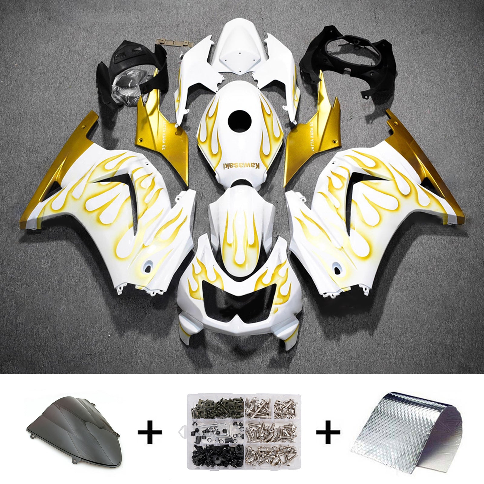 Amotopart 2008-2012 Kawasaki EX250/Ninja250R White Gold Flame Fairing Kit