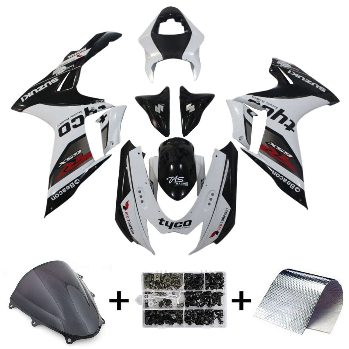 Amotopart 2011-2024 K11 GSXR 600/750 Suzuki Kit de carenado con detalles en blanco y negro