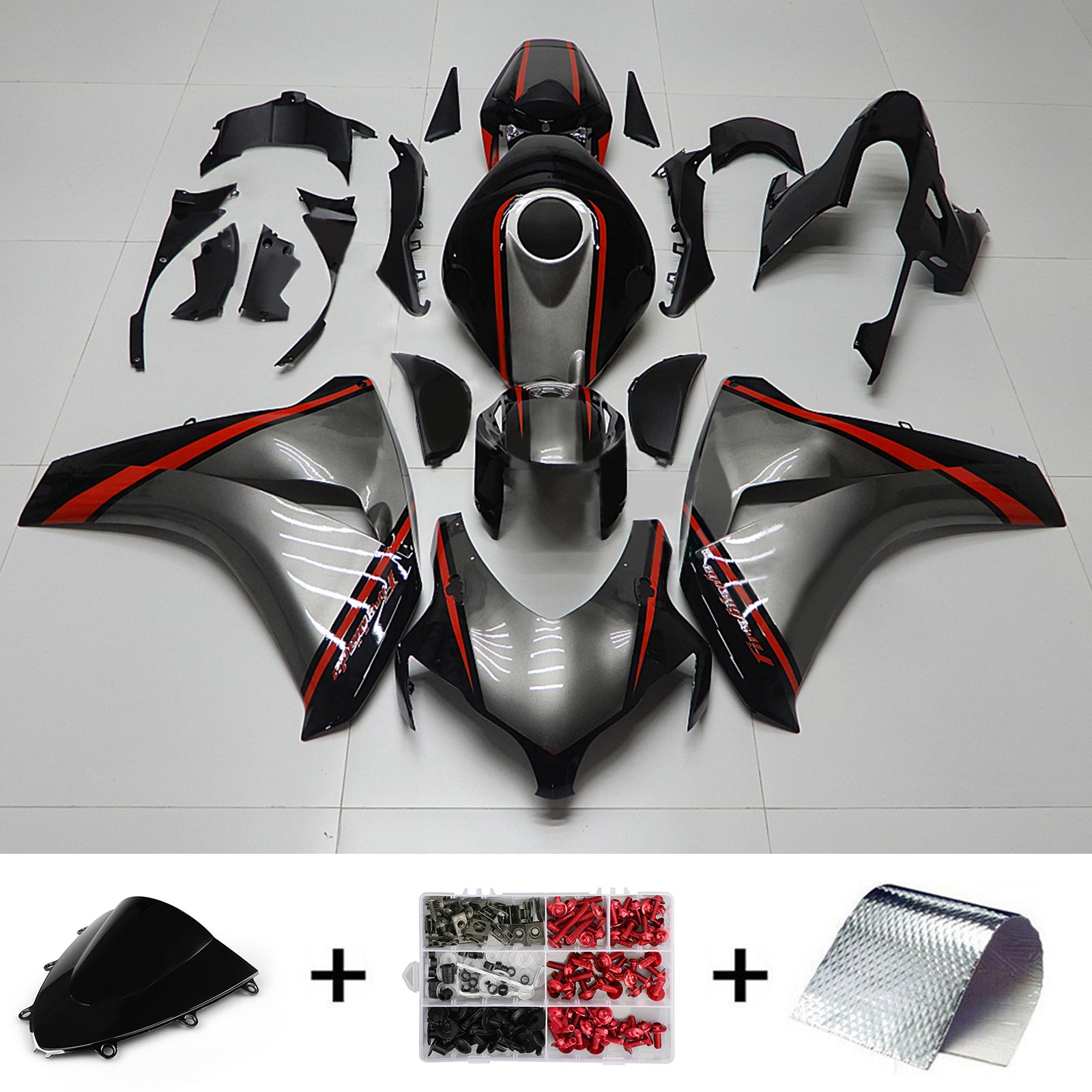 Amotopart 2008-2011 Honda CBR1000RR Kit de carénage gris foncé avec bande rouge