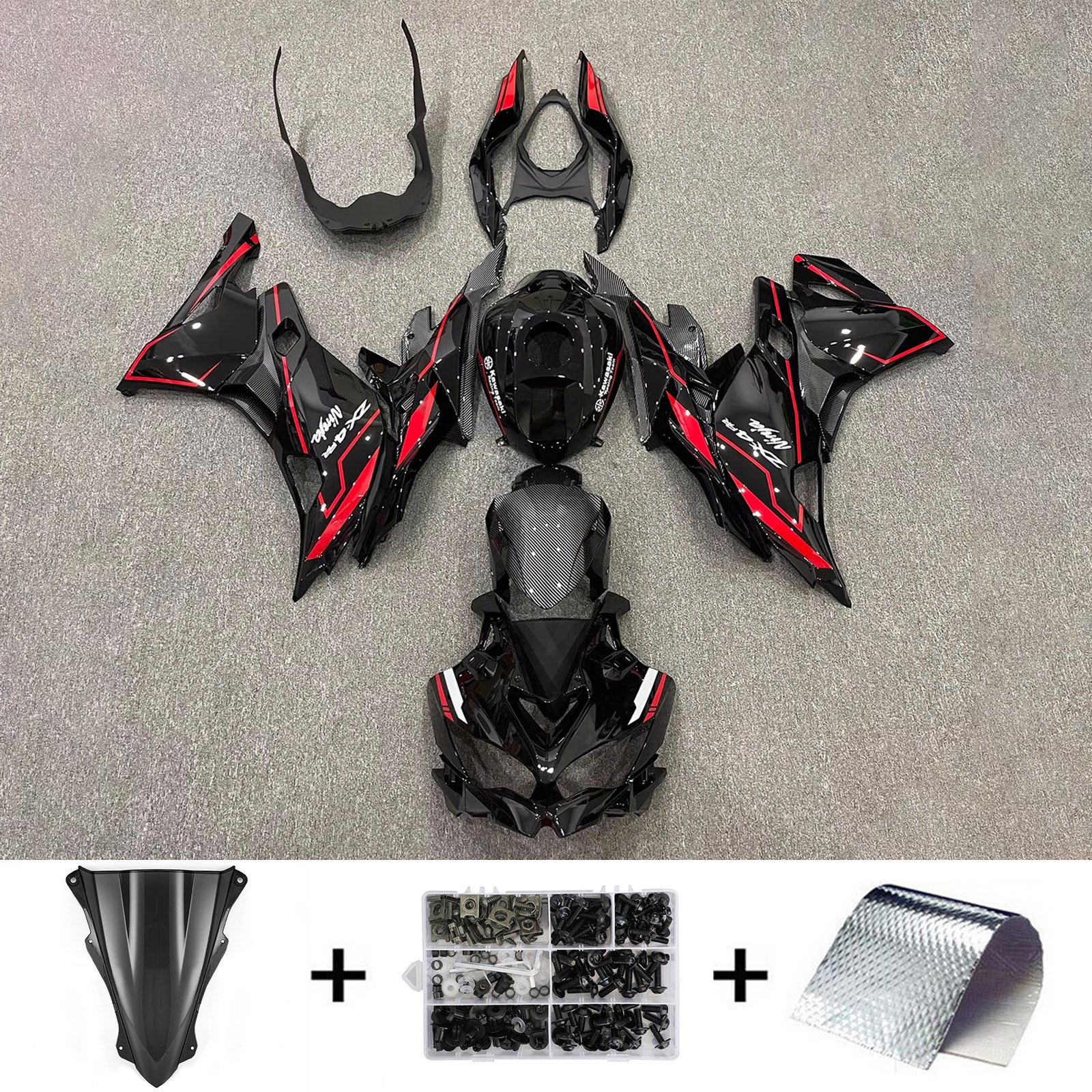 Amotopart 2019-2025 Ninja ZX-25R ZX-4R ZX-4RR Kawasaki Black&Red Stripes Fairing Kit