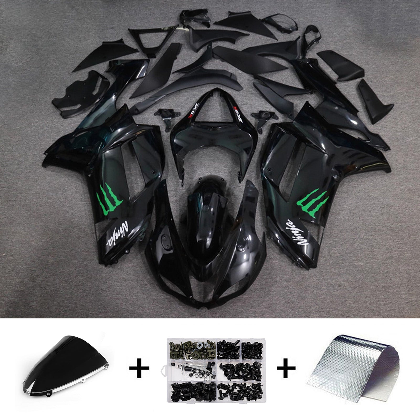 Amotopart 2007-2008 Kawasaki ZX6R 636 Glossy Black Green Fairing Kit