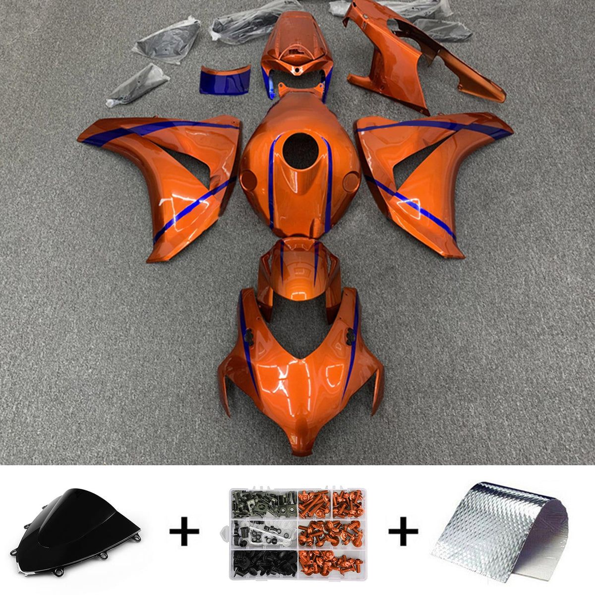 Amotopart 2008-2011 Honda CBR1000RR Kit de carénage orange foncé brillant avec rayures bleues