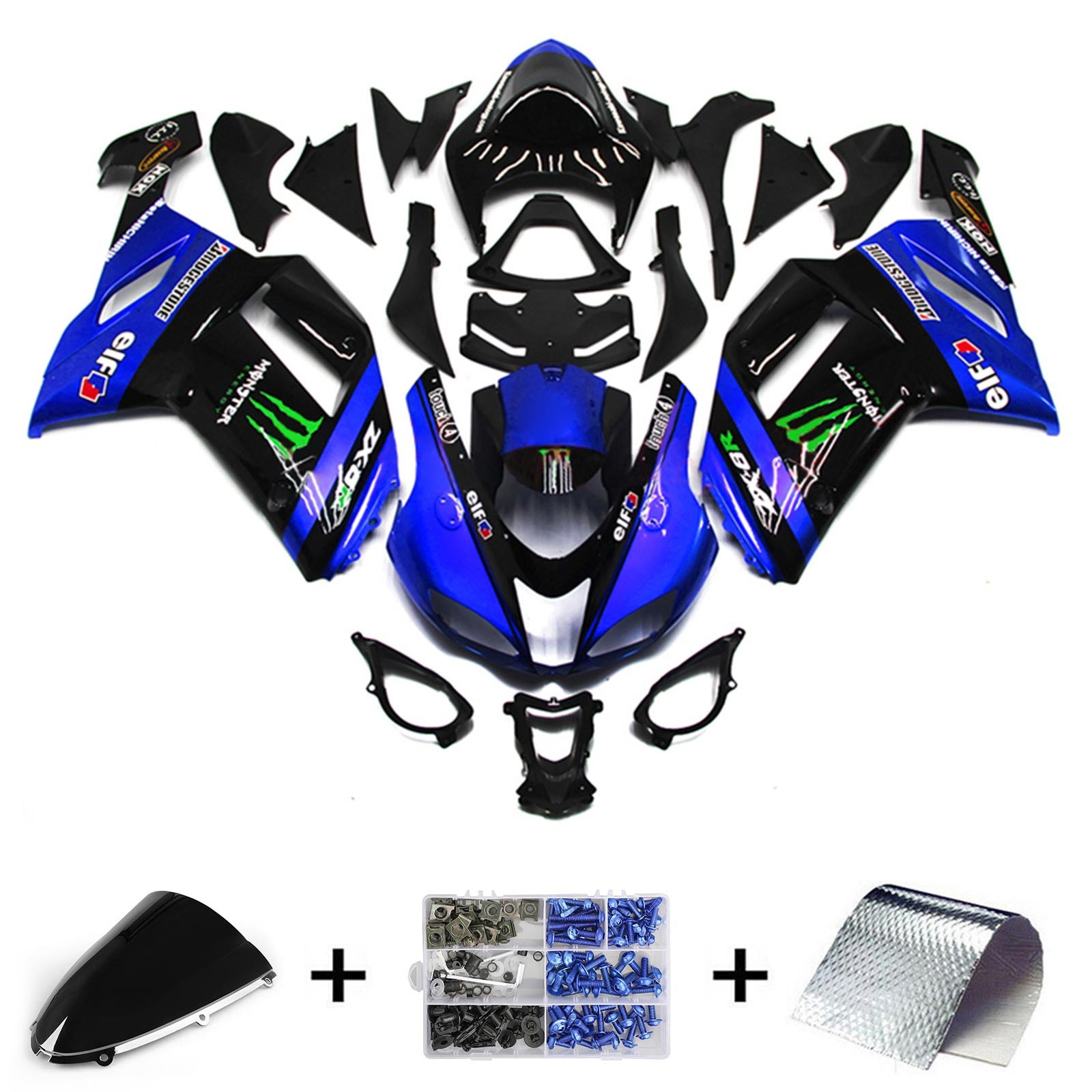 Amotopart 2007-2008 Kawasaki ZX6R 636 Kit de carénage noir et bleu