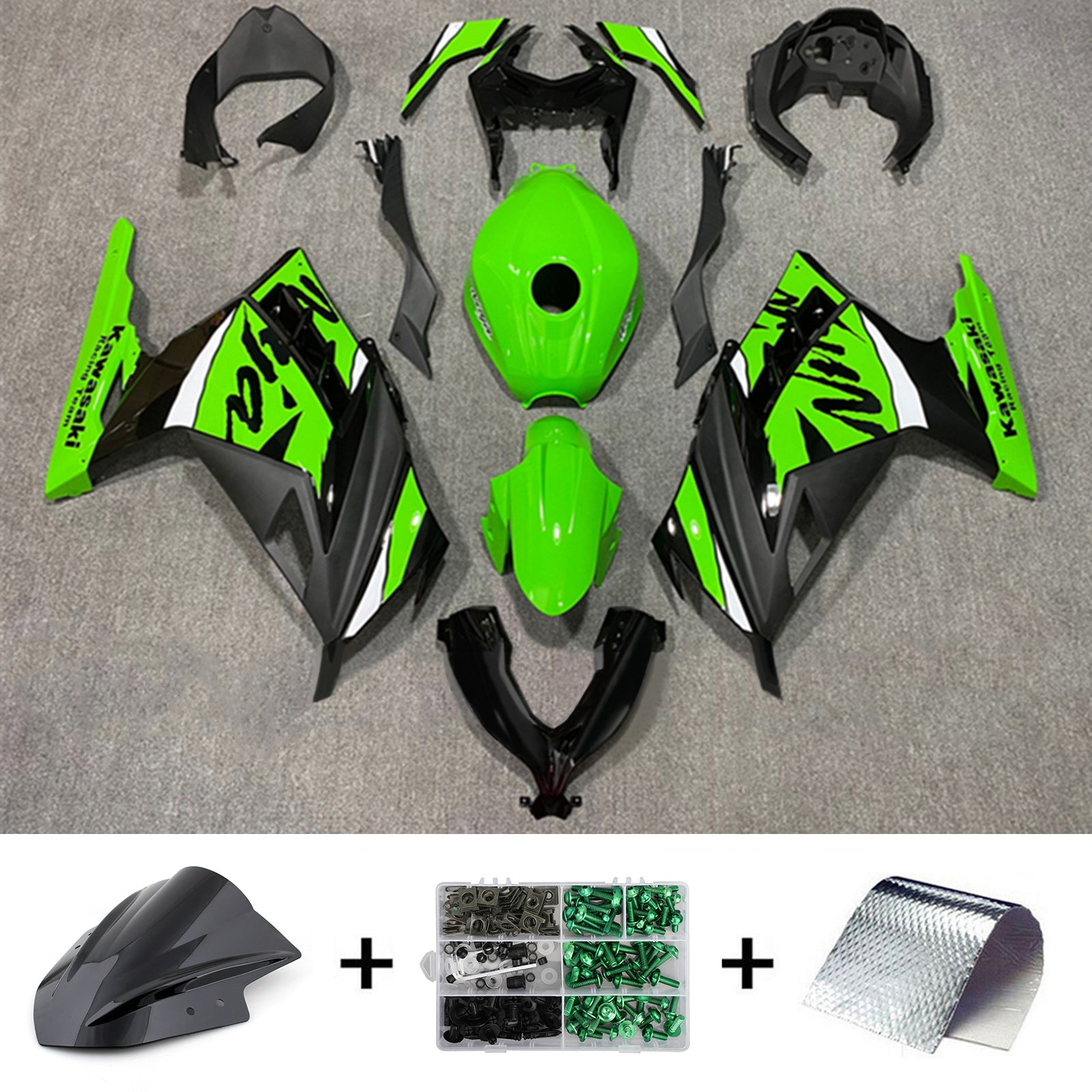 Amotopart 2013-2024 Kawasaki EX300/Ninja300 Kit de carénage Style7 noir et vert