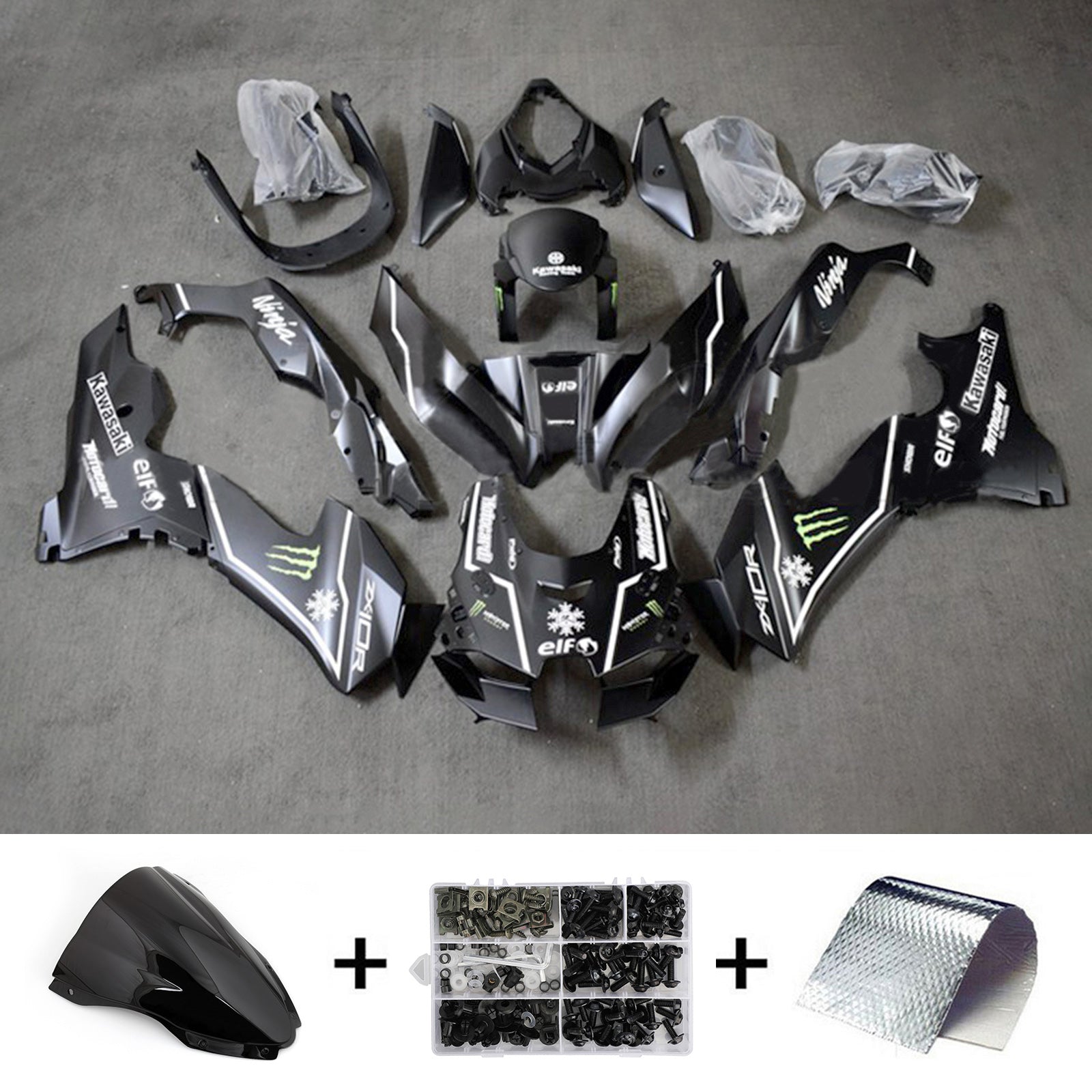 Amotopart 2021-2024 Kawasaki ZX10R ZX10RR Noir avec carénage Style1 Accent vert