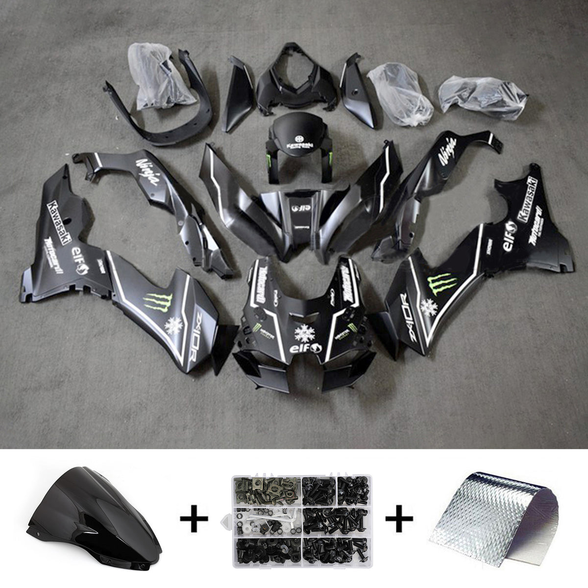 Amotopart 2021-2024 Kawasaki ZX10R ZX10RR Black with Green Accent Style1 Fairing