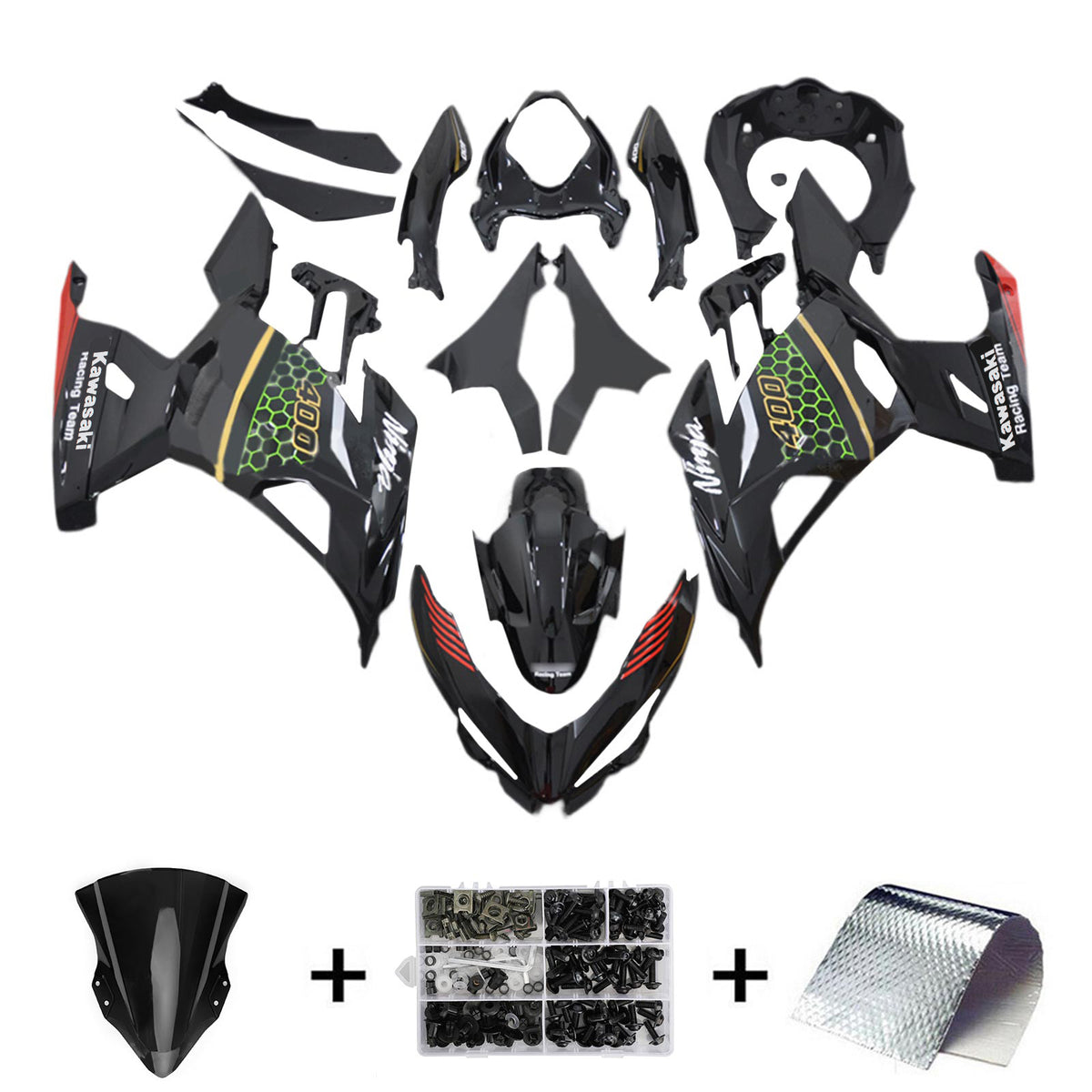 Amotopart 2018-2024 Kawasaki EX400 Ninja400 Kit de carenado tradicional negro