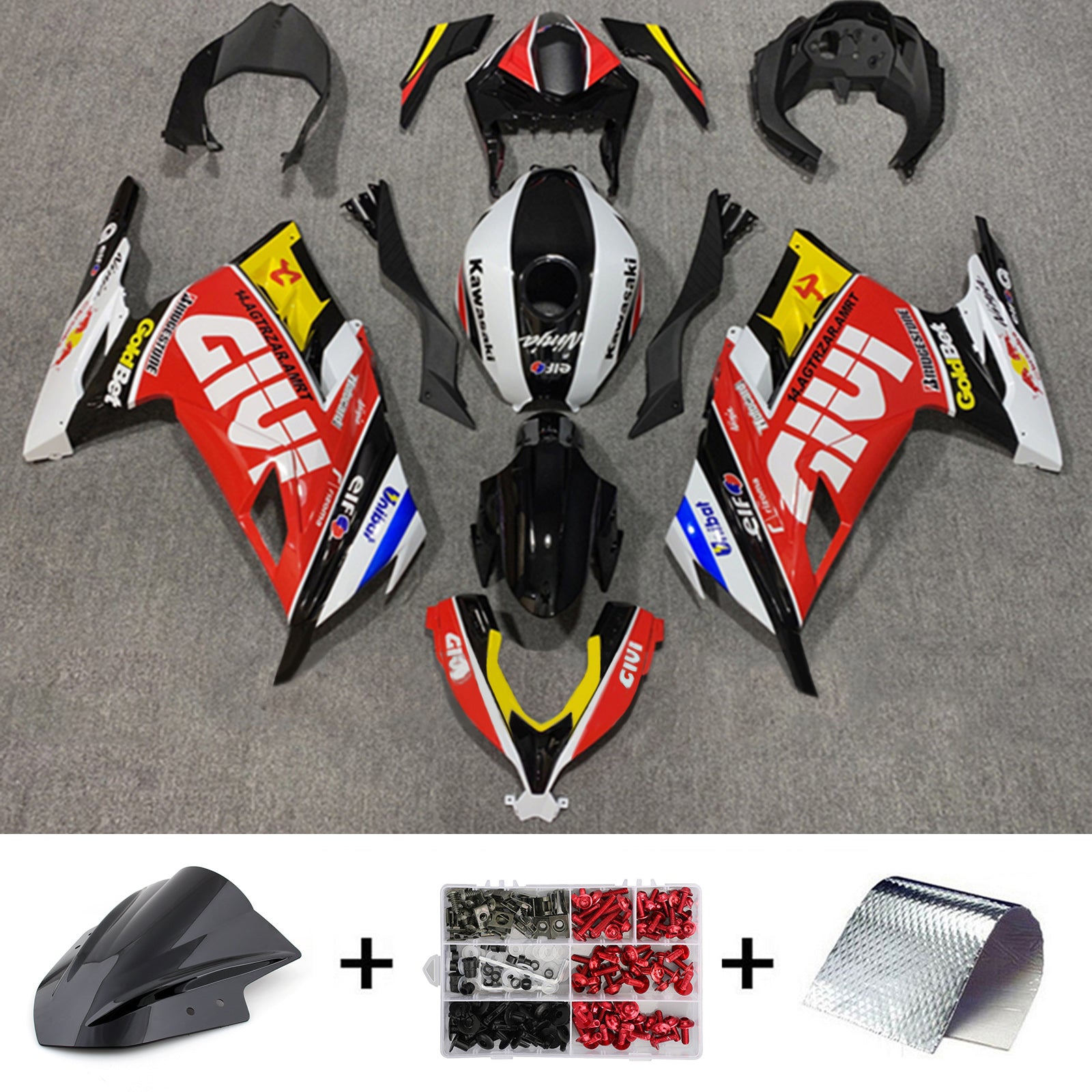 Amotopart 2013-2024 Kawasaki EX300/Ninja 300 レッド&イエロー ロゴ付きフェアリングキット