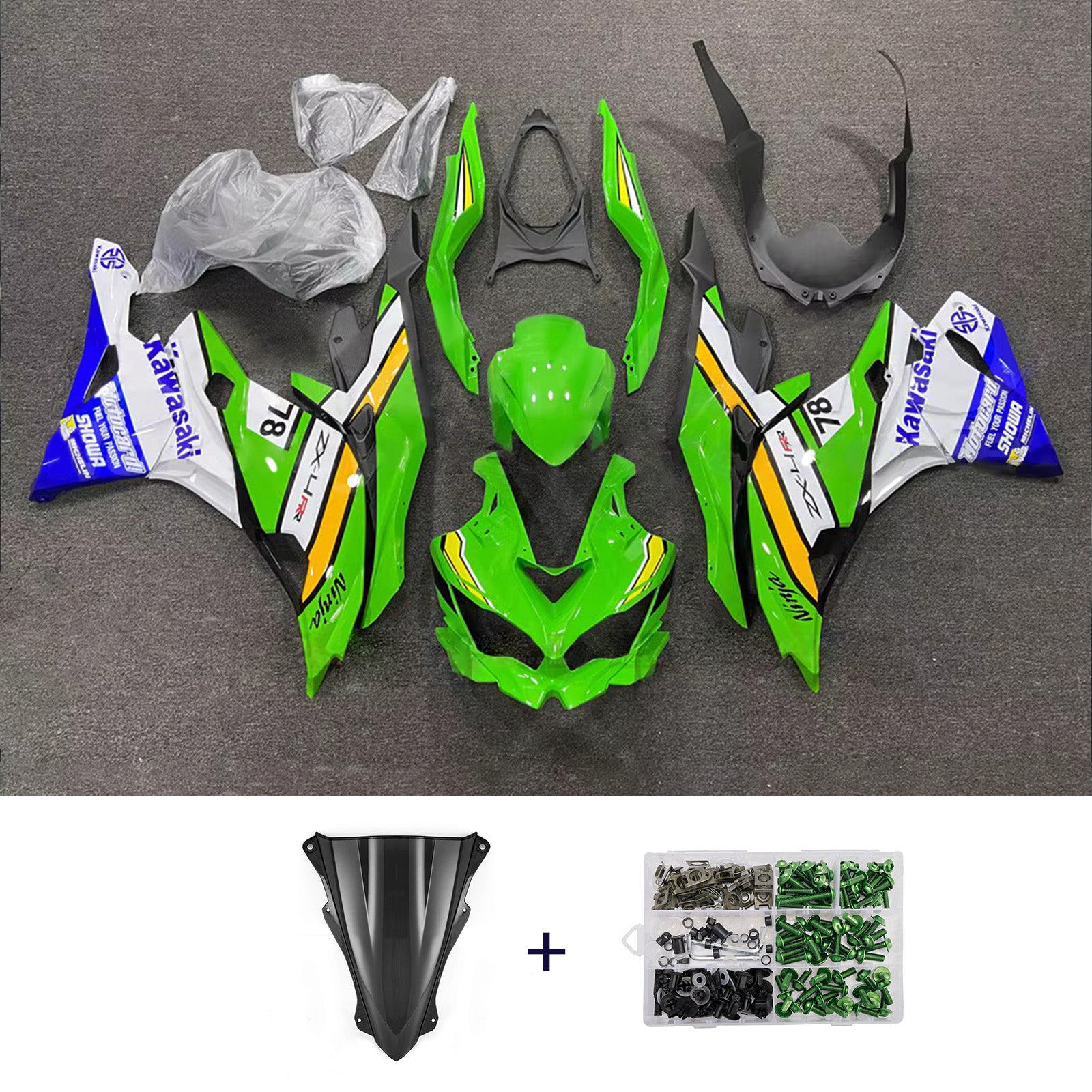 Amotopart 2019-2022 Kawasaki Ninja ZX-25R 2023-2025 Kawasaki Ninja ZX-4R/ZX-4RR Green White Blue Yellow Fairing Kit