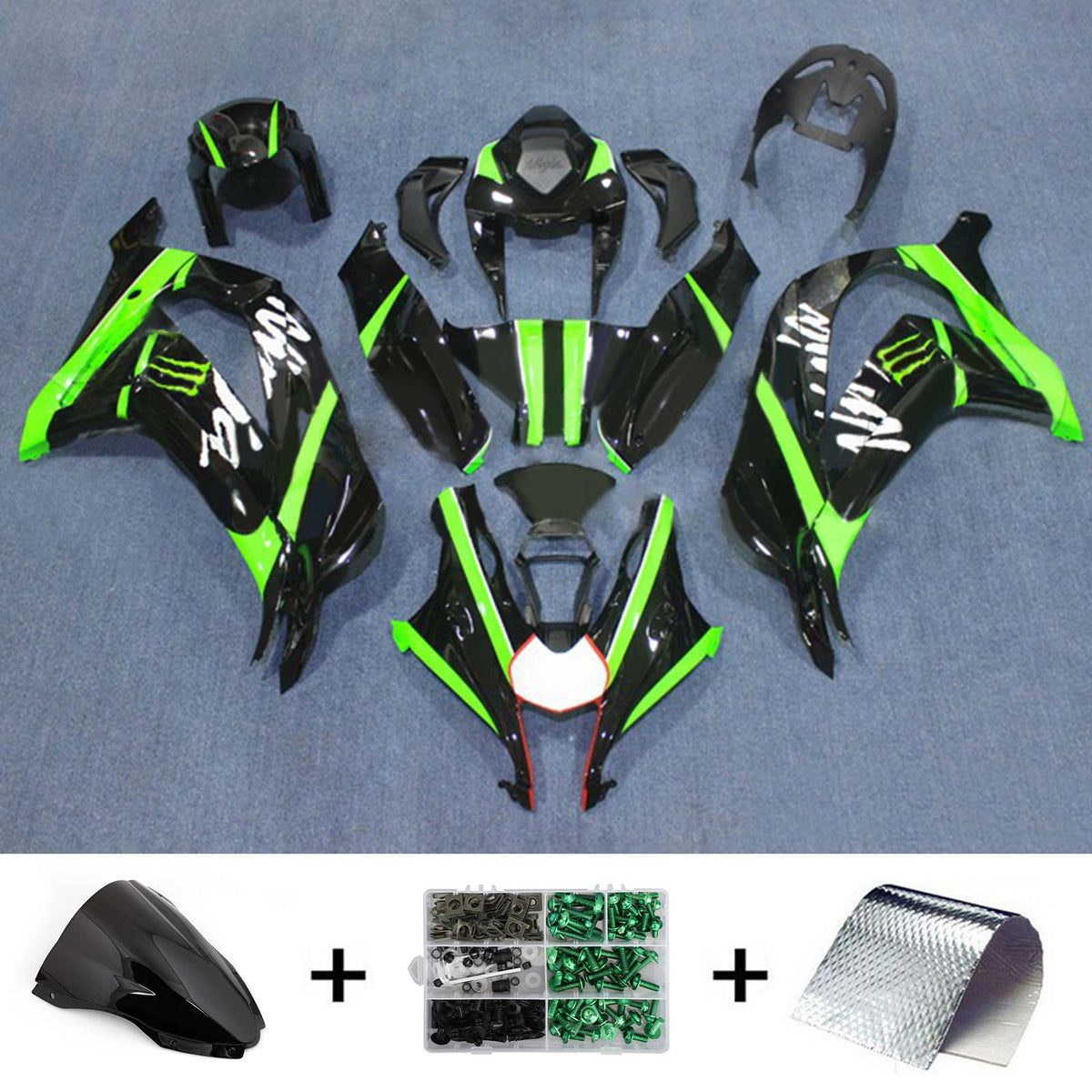 Amotopart 2016-2020 ZX10R Kawasaki グリーン&ブラック Style1 フェアリングキット