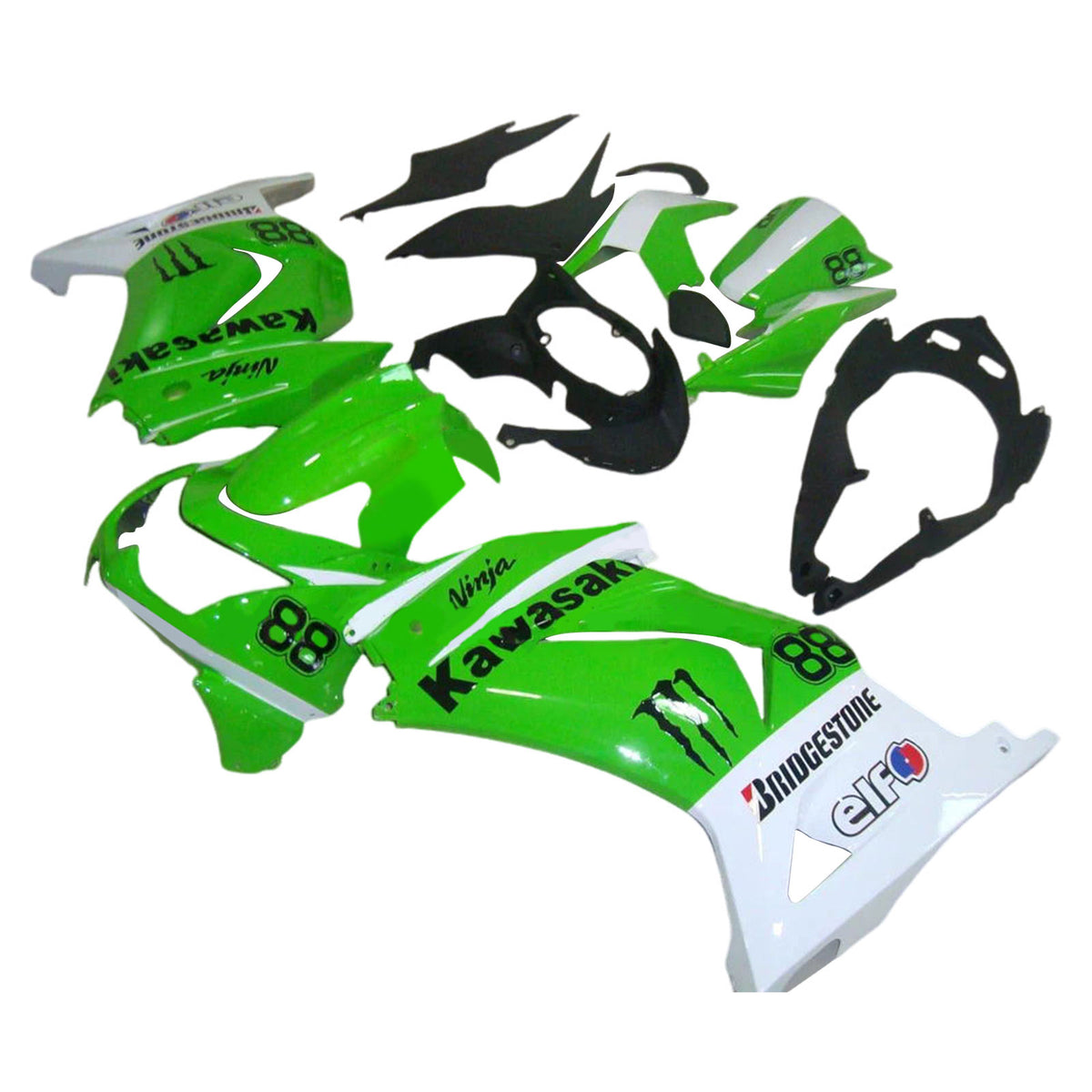 Amotopart 2008-2012 Kawasaki EX250 Ninja250R Kit de carenado verde, blanco y negro