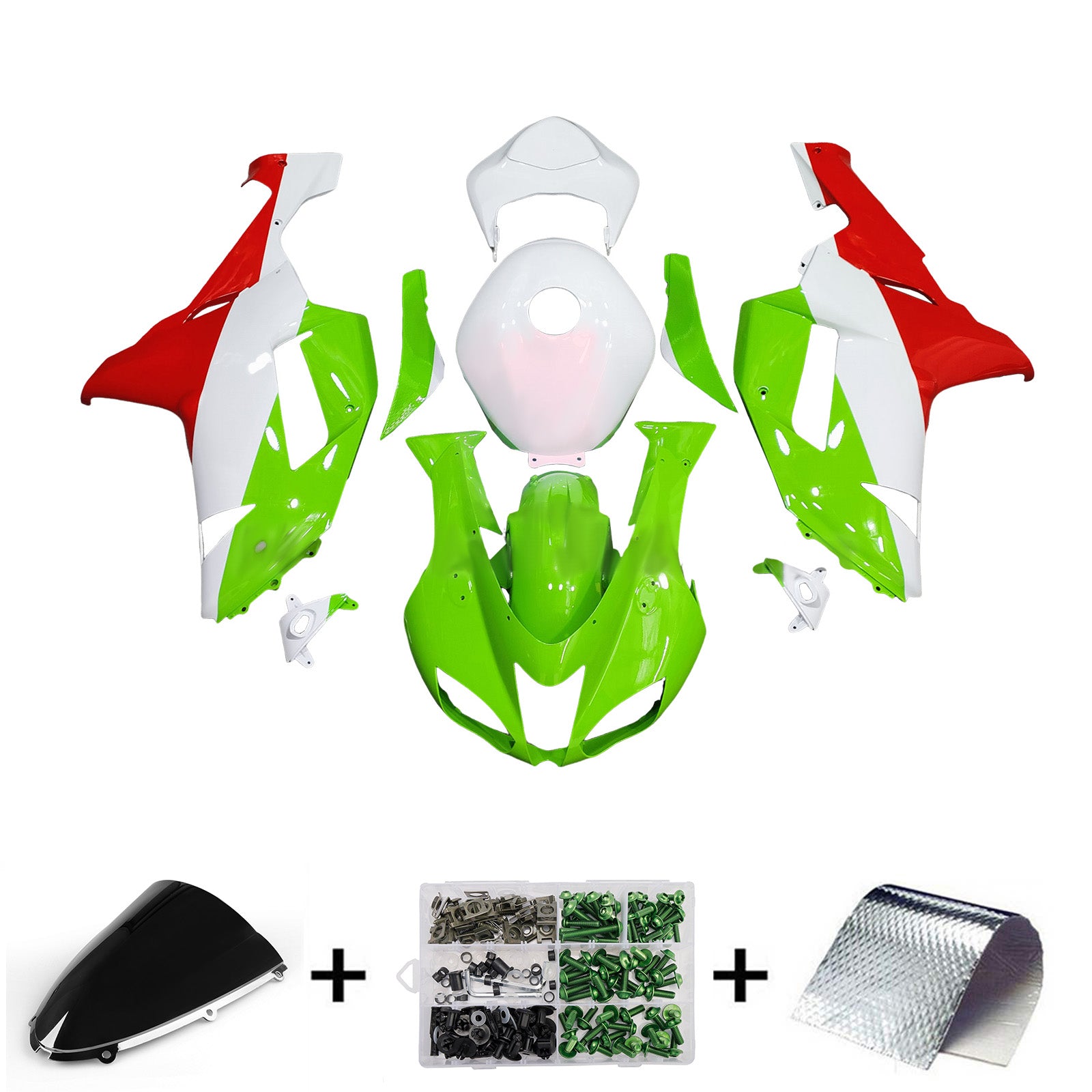 Amotopart 2007-2008 Kawasaki ZX6R 636 Hellgrün weiße rote Verkleidung Kit