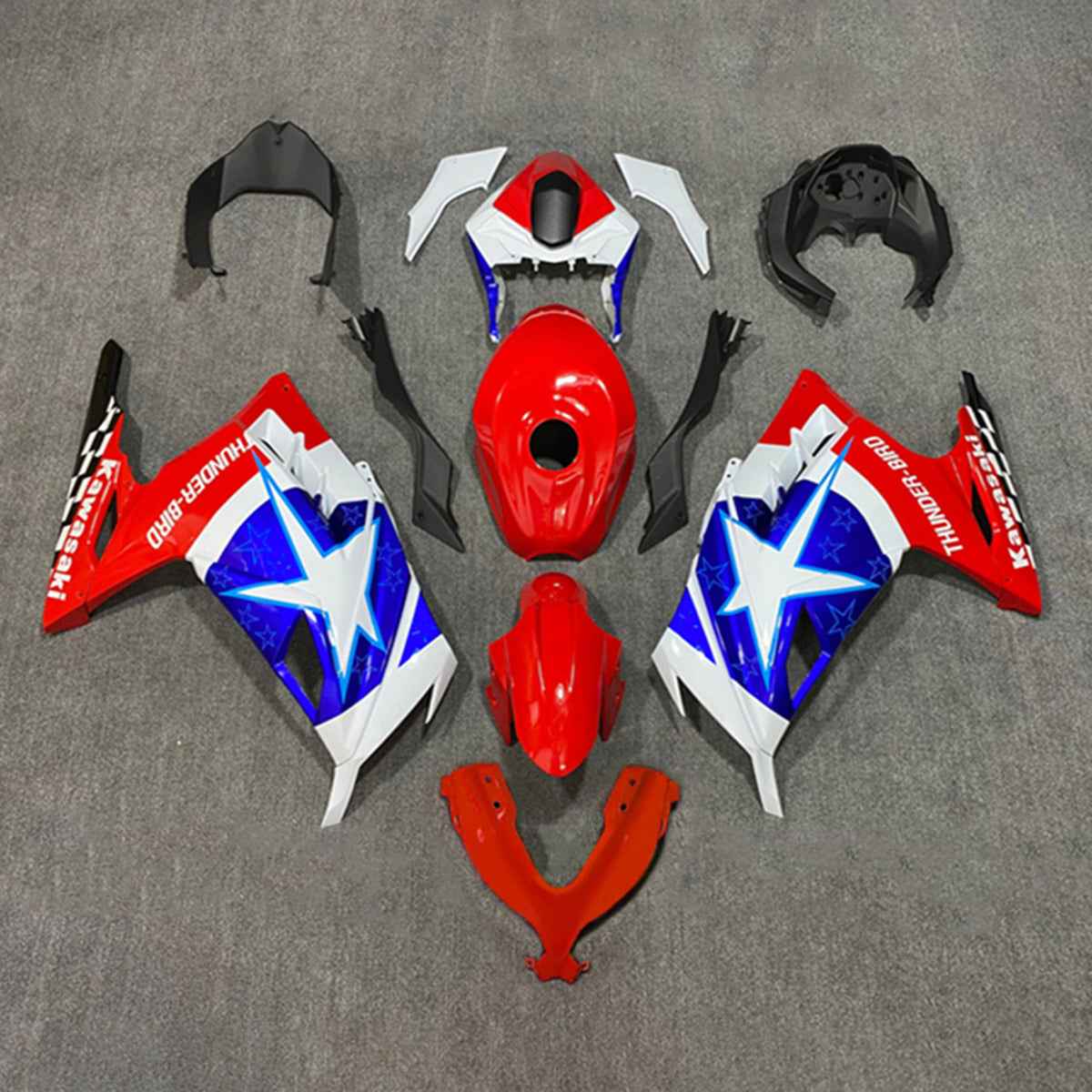 Amotopart 2013-2024 Kit carena Kawasaki EX300/Ninja300 Stella rossa e blu