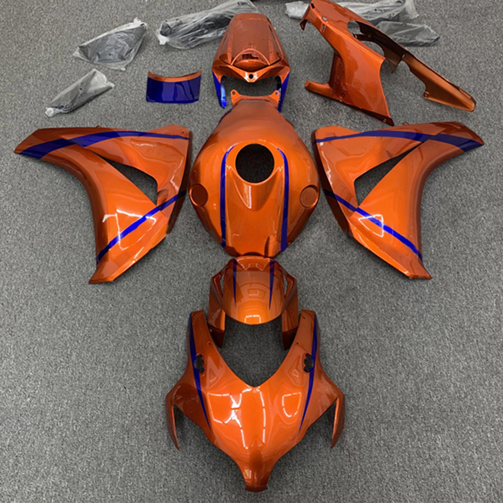 Amotopart Verkleidungsset für Honda CBR1000RR 2008–2011, glänzend dunkelorange mit blauen Streifen