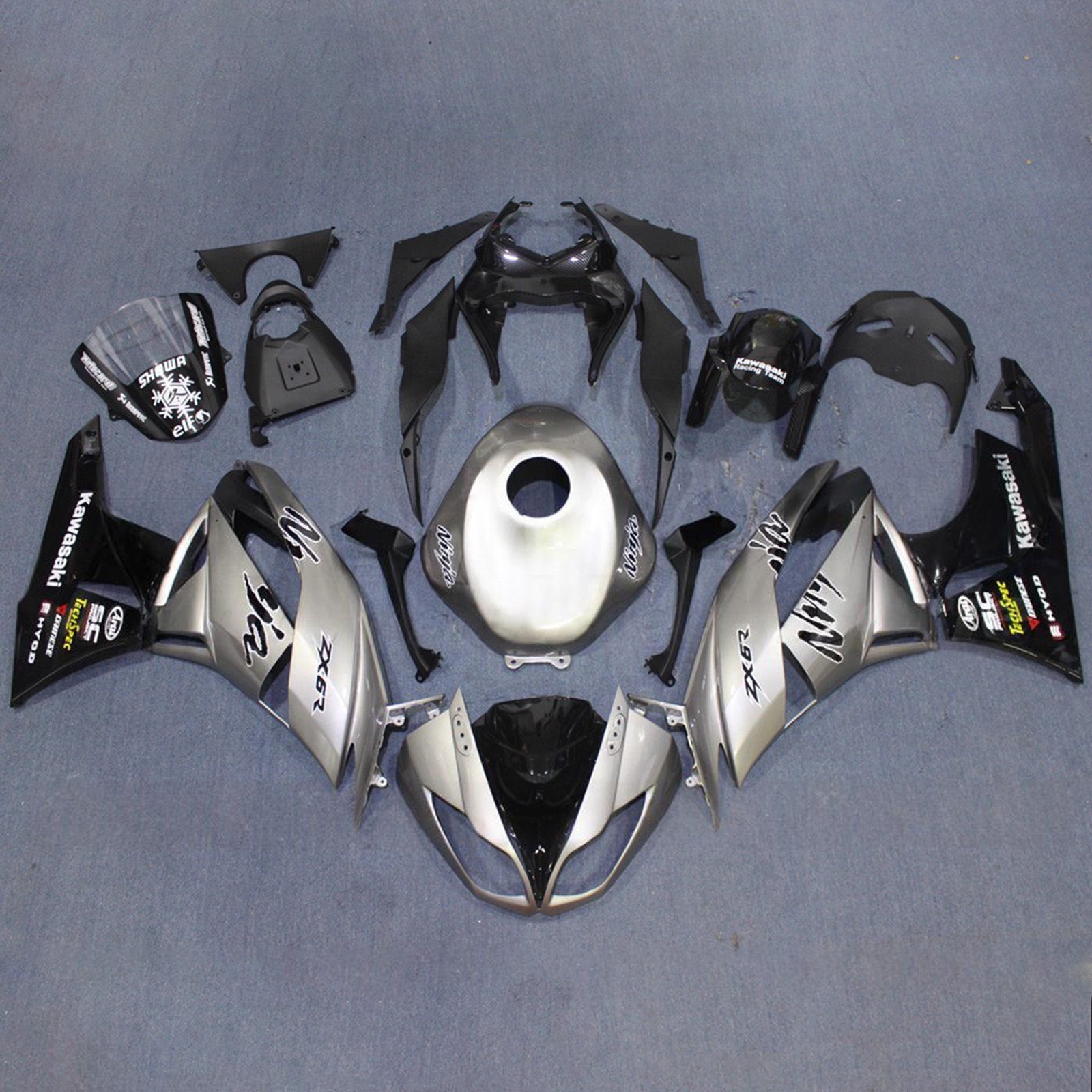 Amotopart 2009-2012 Kawasaki ZX6R 636 Gray Black Fairing Kit