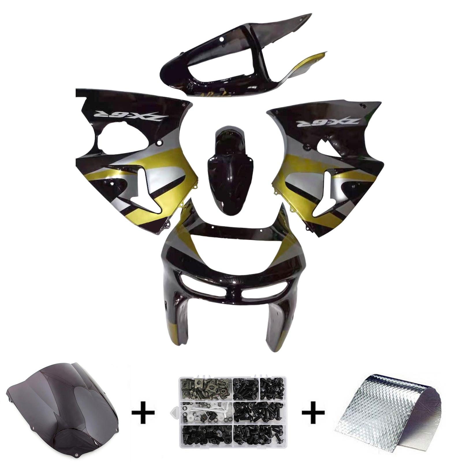 Amotopart 1998-1999 Kawasaki ZX6R Kit de carénage noir or argent