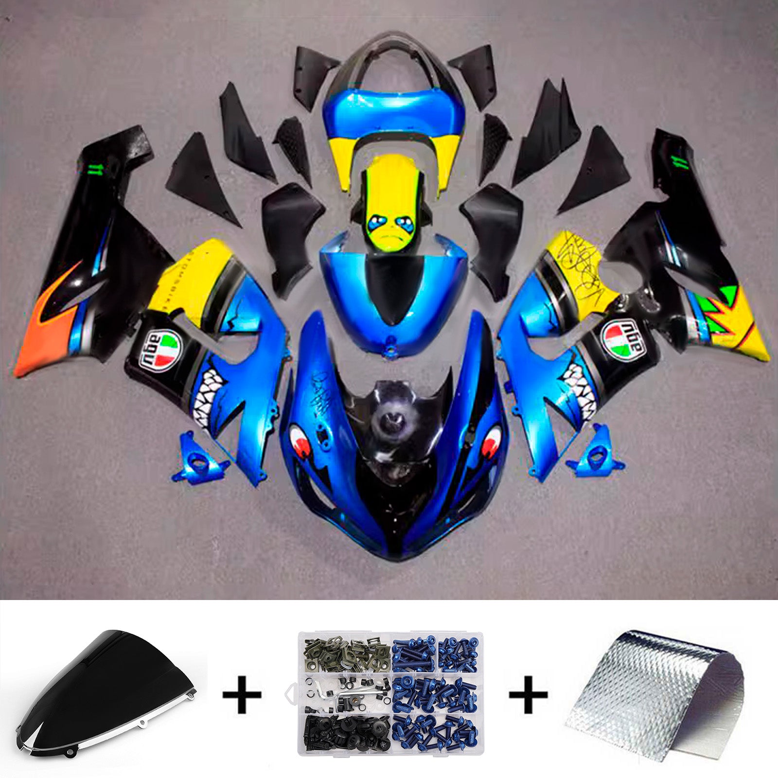 Amotopart 2005-2006 Kawasaki ZX6R 636 Black Blue Yellow Fairing Kit