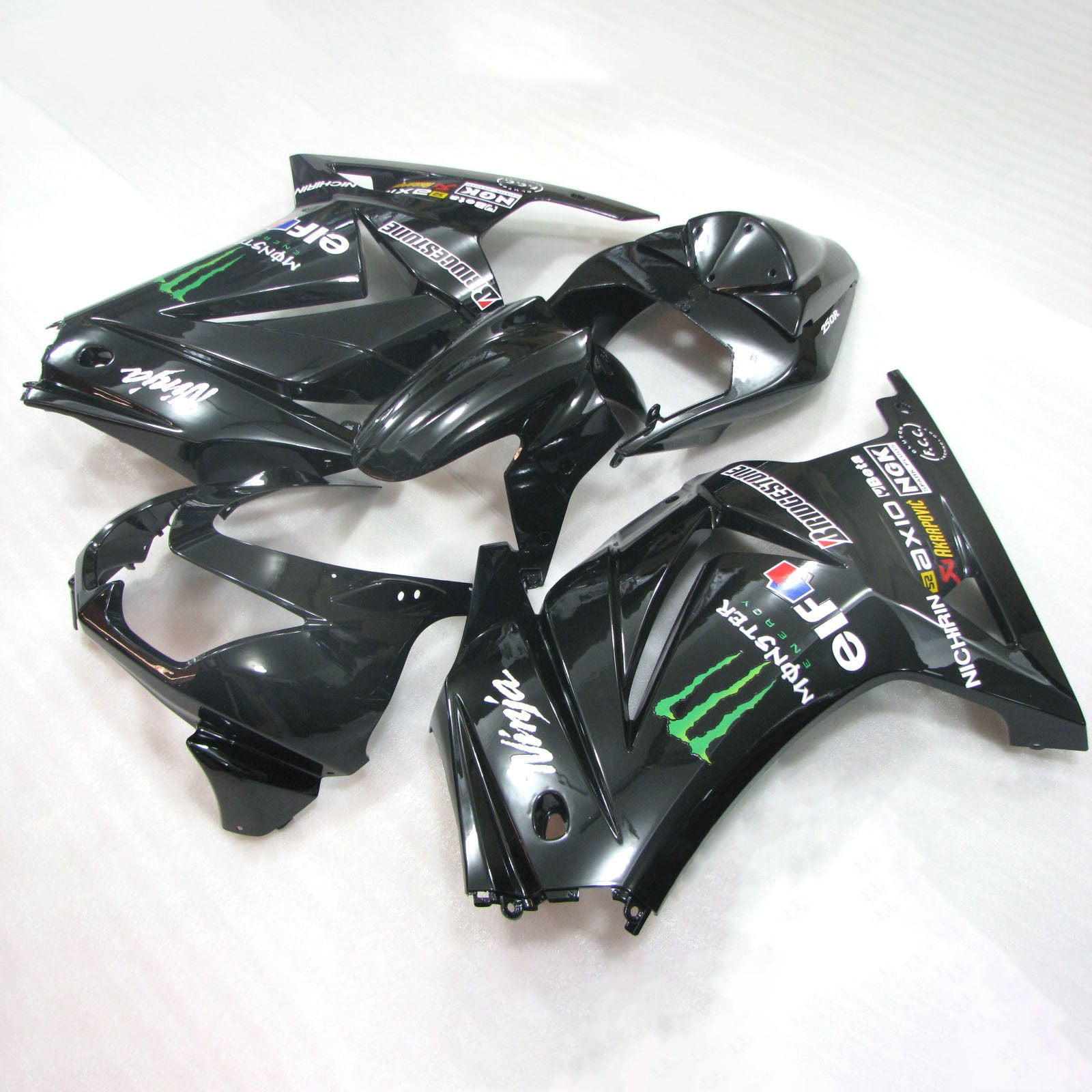 Amotopart 2008–2012 Kawasaki EX250 Ninja250R Verkleidungsset, Schwarz mit Monster-Logo