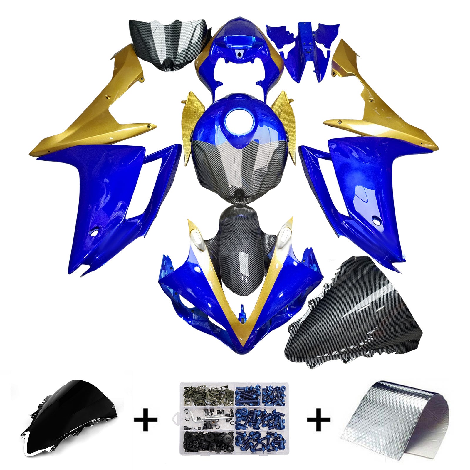 Amotopart 2007-2008 Yamaha YZF-R1 Blue Carbon Fiber Gold Fairing Kit