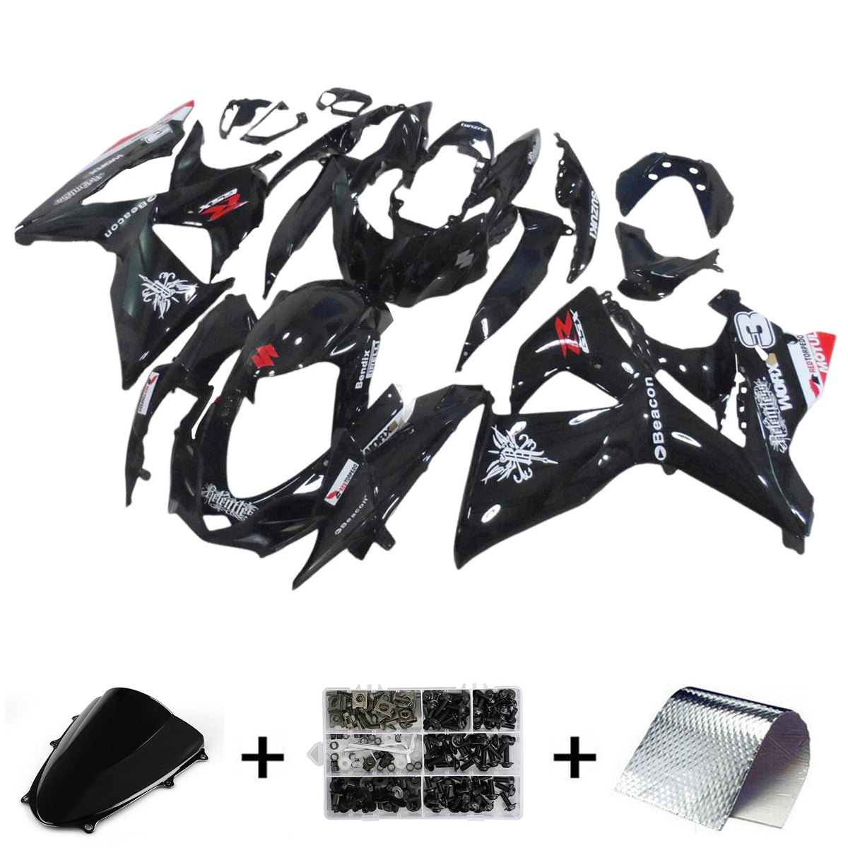 Amotopart 2009-2016 K9 GSXR1000 Suzuki Kit de carenado negro con detalles en blanco