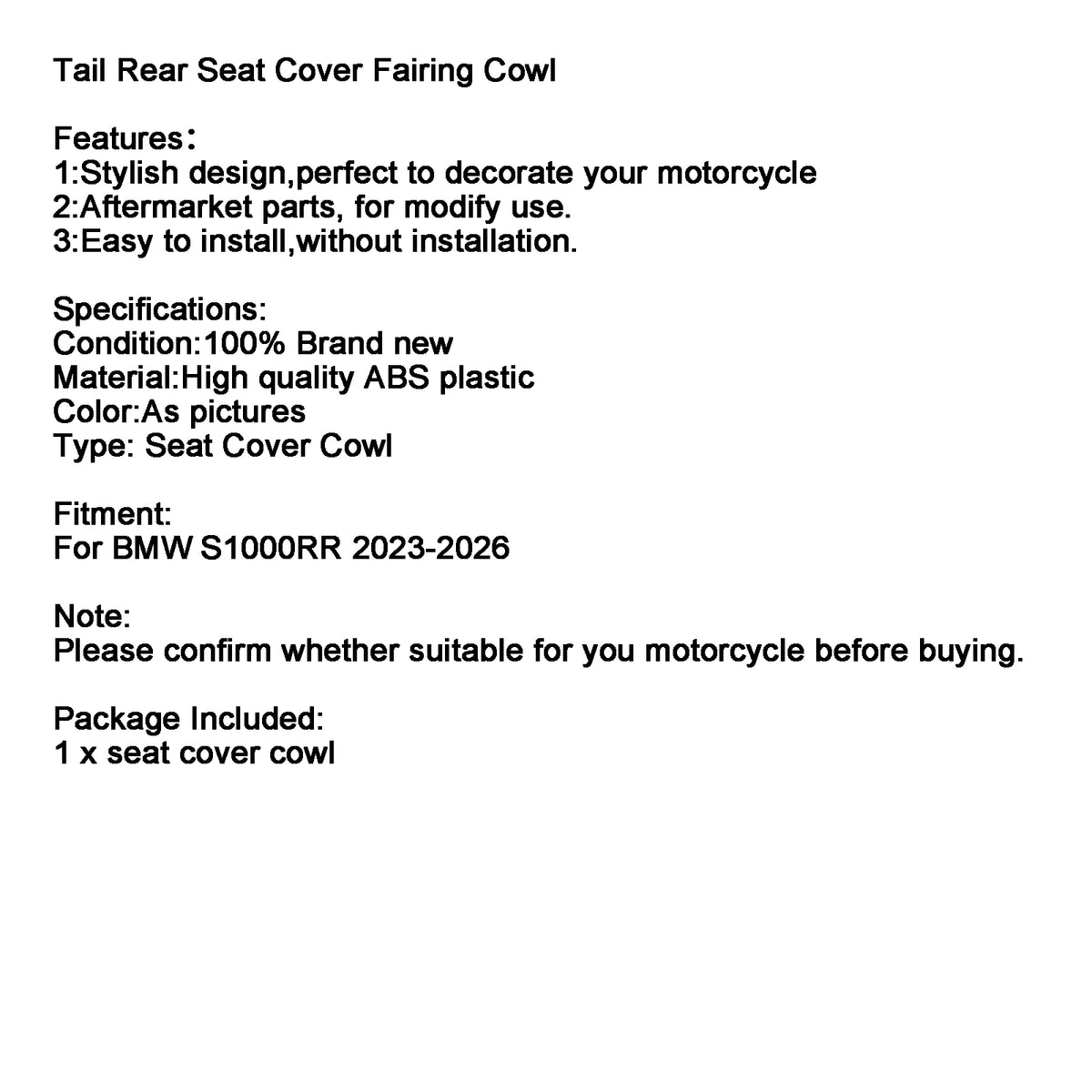 2023-2026 BMW S1000RR Rear Seat Cover Passenger Fairing Cowl