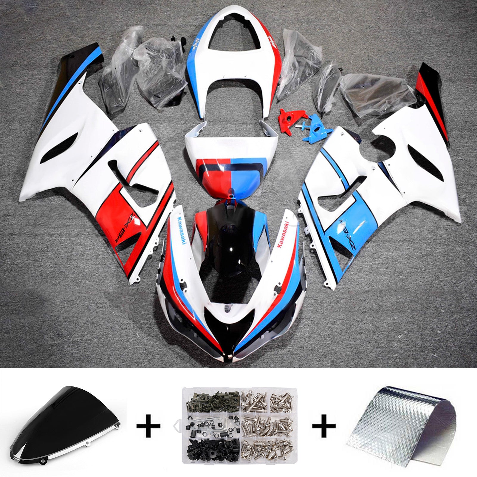 Amotopart 2005-2006 Kawasaki ZX6R 636 White Blue Red Black Fairing Kit