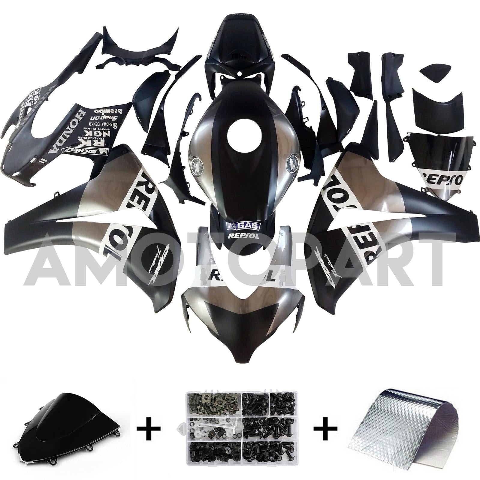 Amotopart 2008–2011 Honda CBR1000RR Schwarz Silber Verkleidungsset