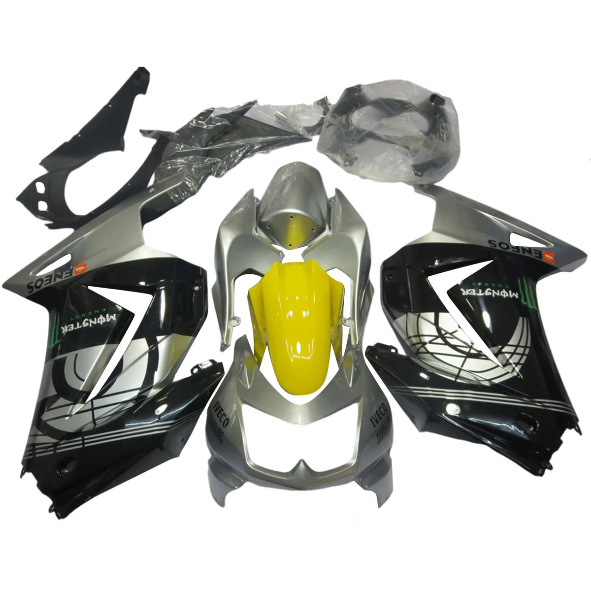 Amotopart 2008-2012 Kawasaki EX250 Ninja250R Kit de carénage noir gris argent jaune