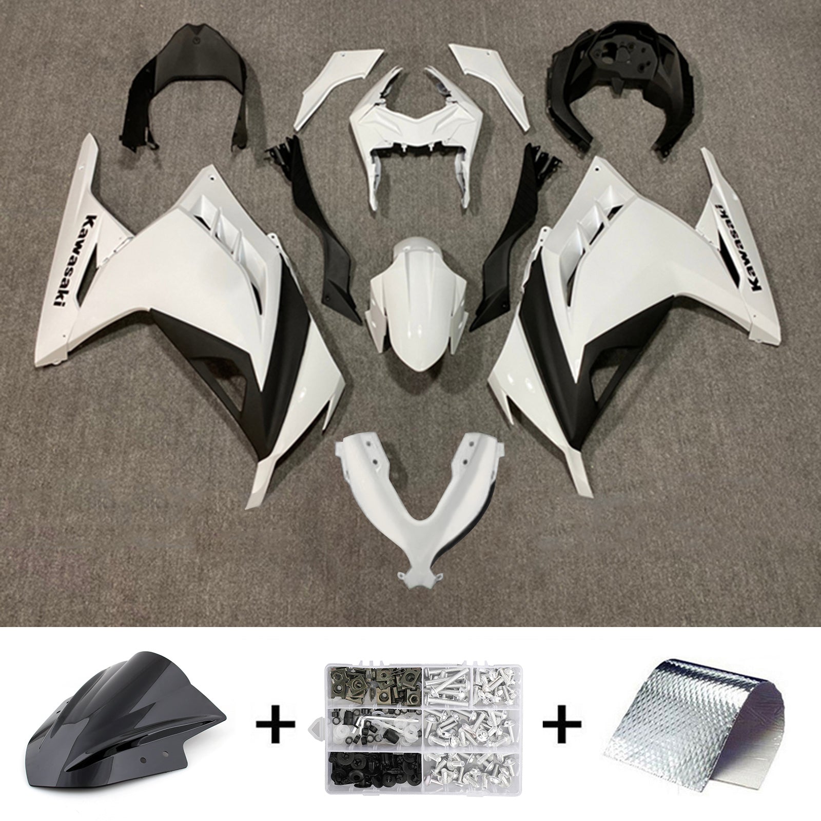 Amotopart 2013-2024 Kawasaki EX300/Ninja300 Weiß-Schwarz-Verkleidungssatz