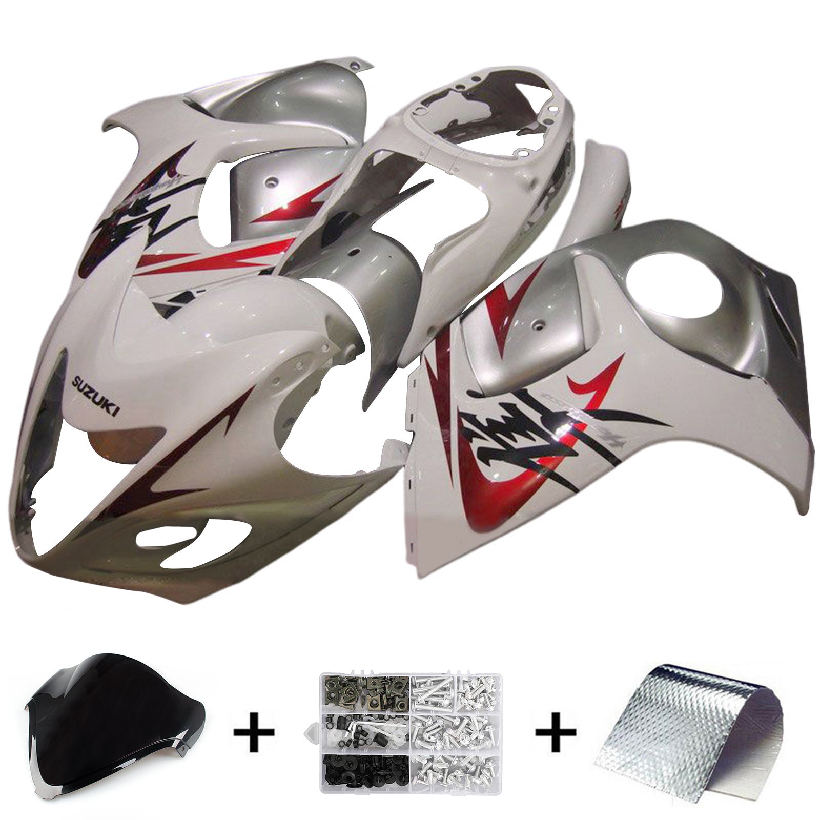 Amotopart 2008–2020 GSX1300R Hayabusa Suzuki Verkleidungsset in Silber und Weiß