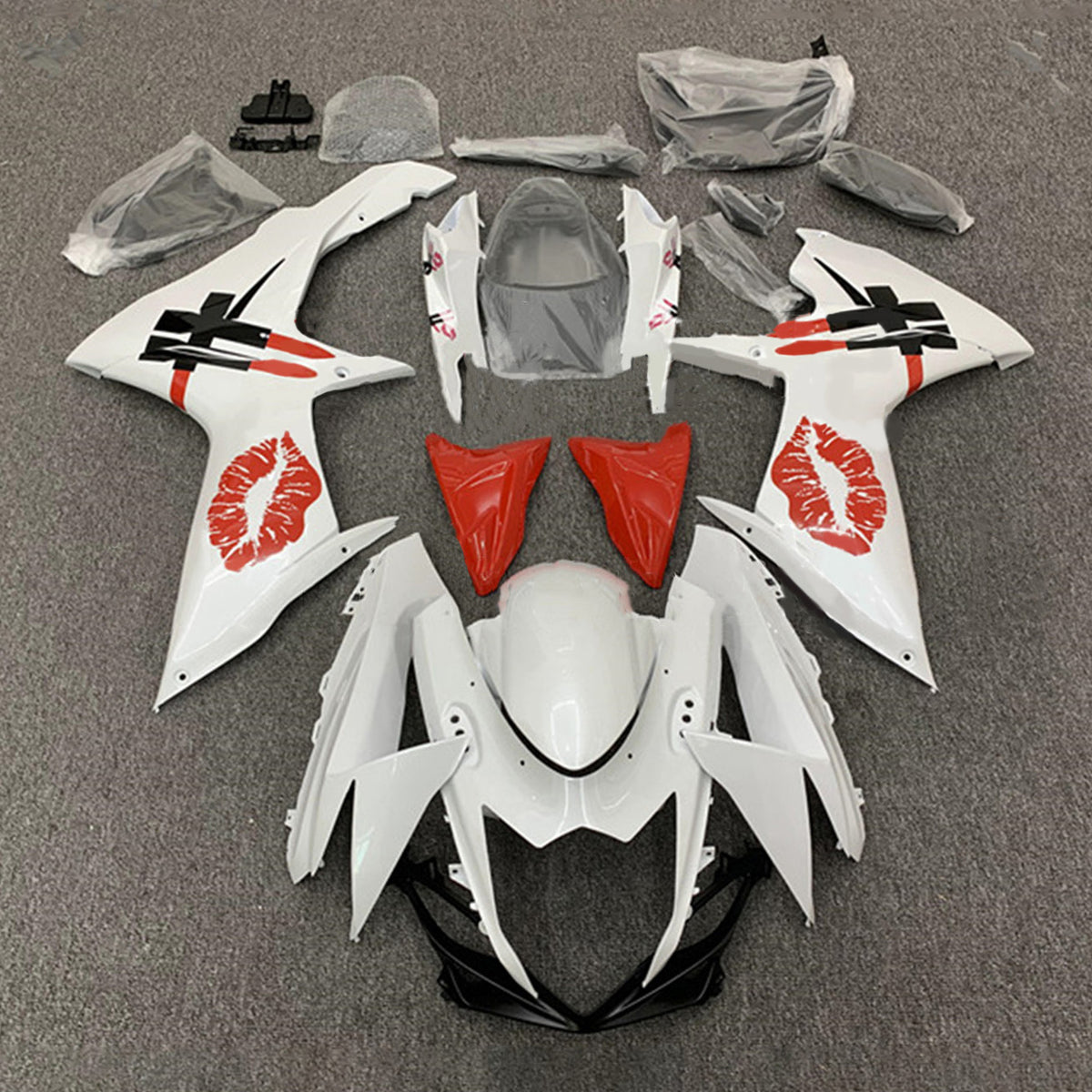 Amotopart 2011-2024 GSXR 600/750 Suzuki Kit de carénage blanc avec lèvres rouges