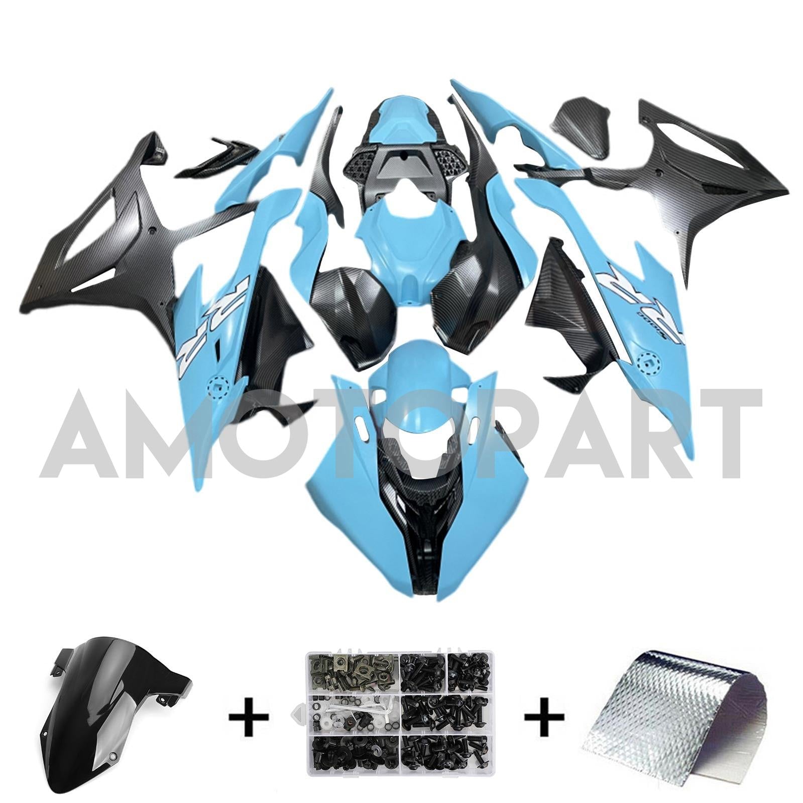 Amotopart BMW S1000RR 2019-2022 Kit de carenado con patrón de fibra de carbono y azul