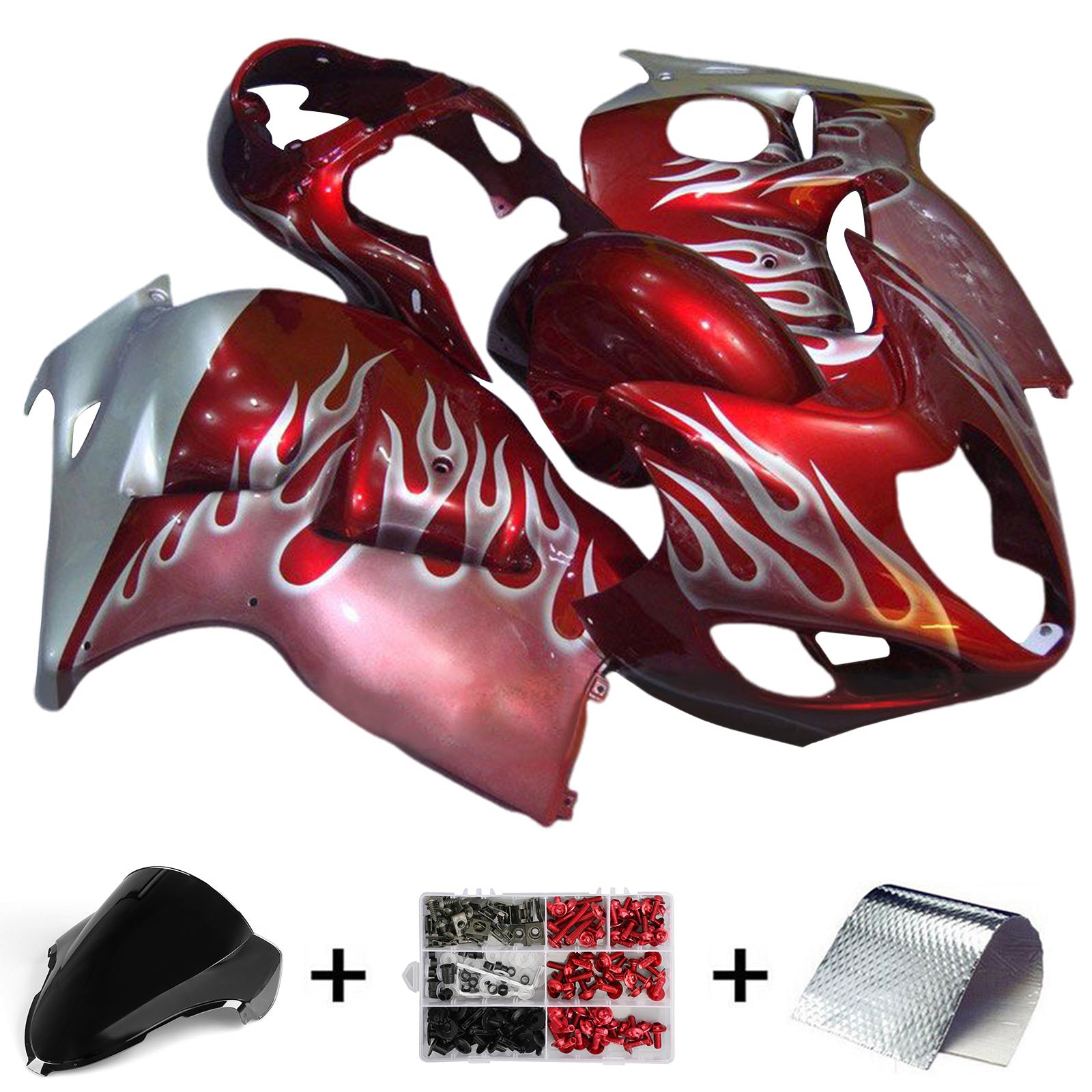 Amotopart 1999-2007 GSX1300R Hayabusa Suzuki Red with White Flame Fairing Kit