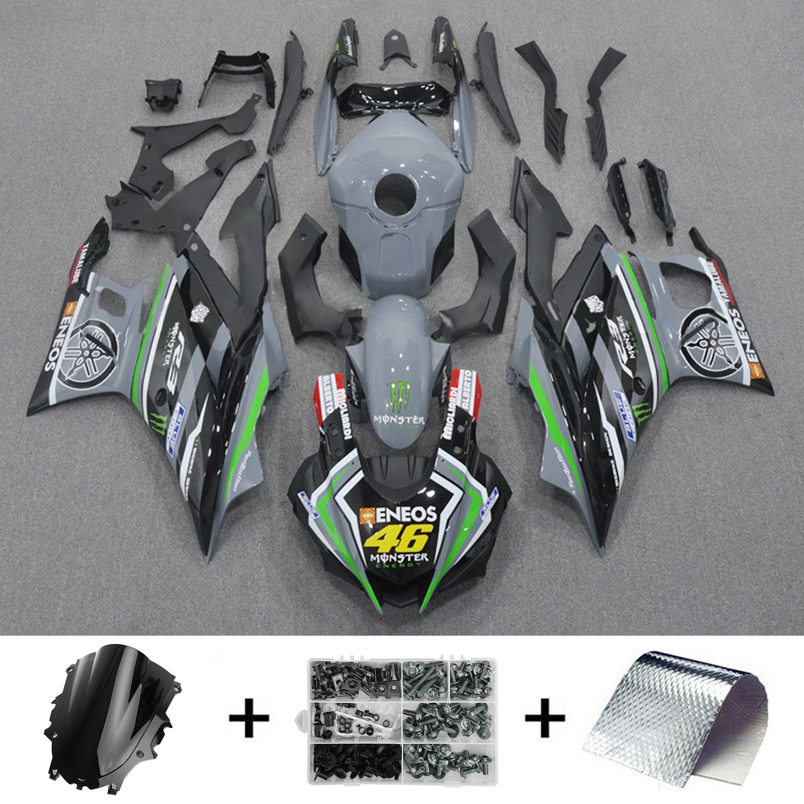 Amotopart 2022-2024 Kit carena Yamaha YZF-R3 e R25 nero grigio